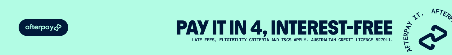 Aquamarine banner promoting Afterpay's service with "Pay it in 4, interest-free". Includes terms about fees and eligibility for Australian customers.