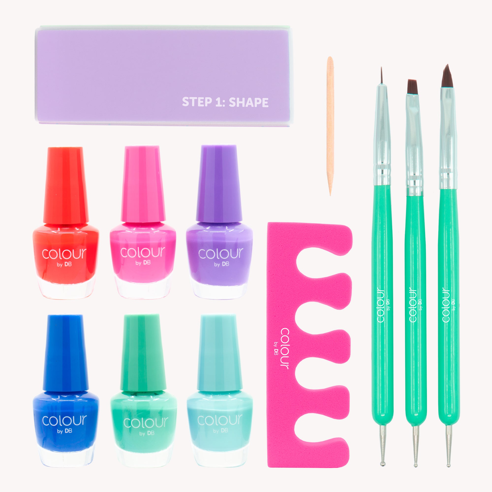 6 x Colour by DB Nail Polish shades 5ml
3 x dual-ended Dotting Tools and Nail Art Brushes
Toe Separators
4-sided Emery Board
Cuticle pusher