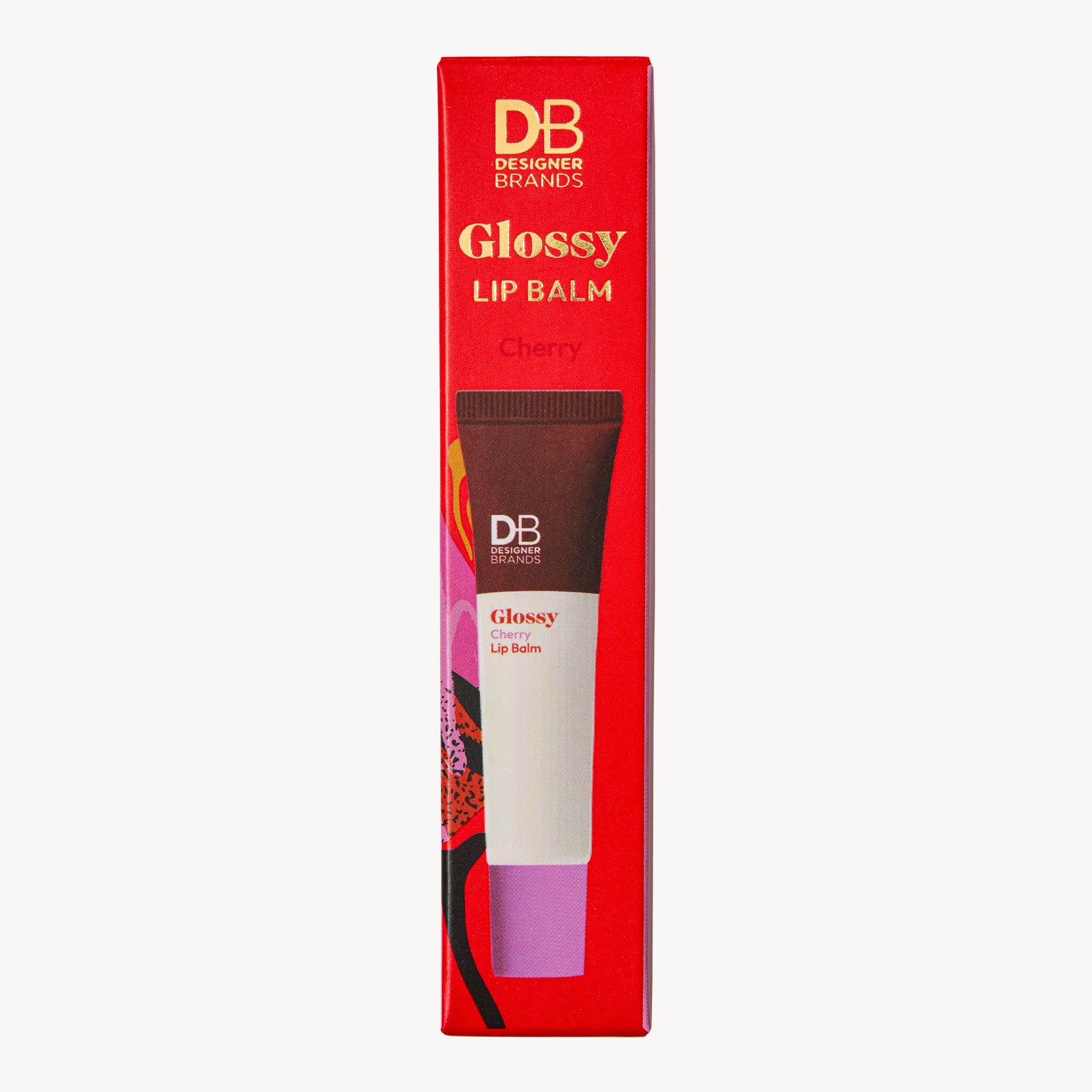 Glossy lip balm packaging with 'DB Designer Brands' on a white background