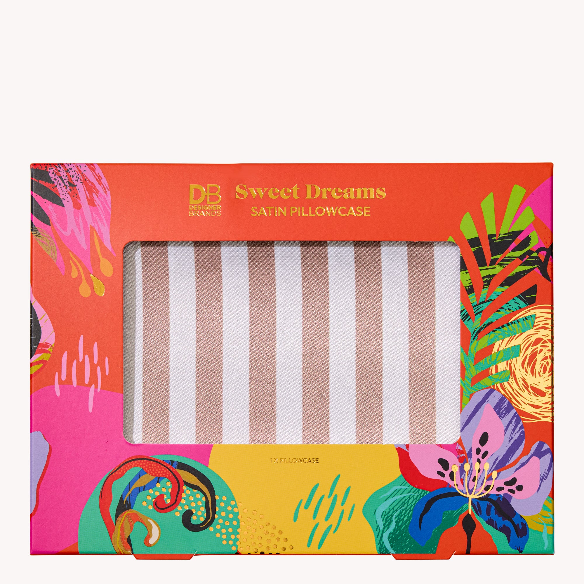 Colourful satin pillowcase packaging with striped pillowcase visible through a window. Vibrant floral and abstract patterns adorn the box.