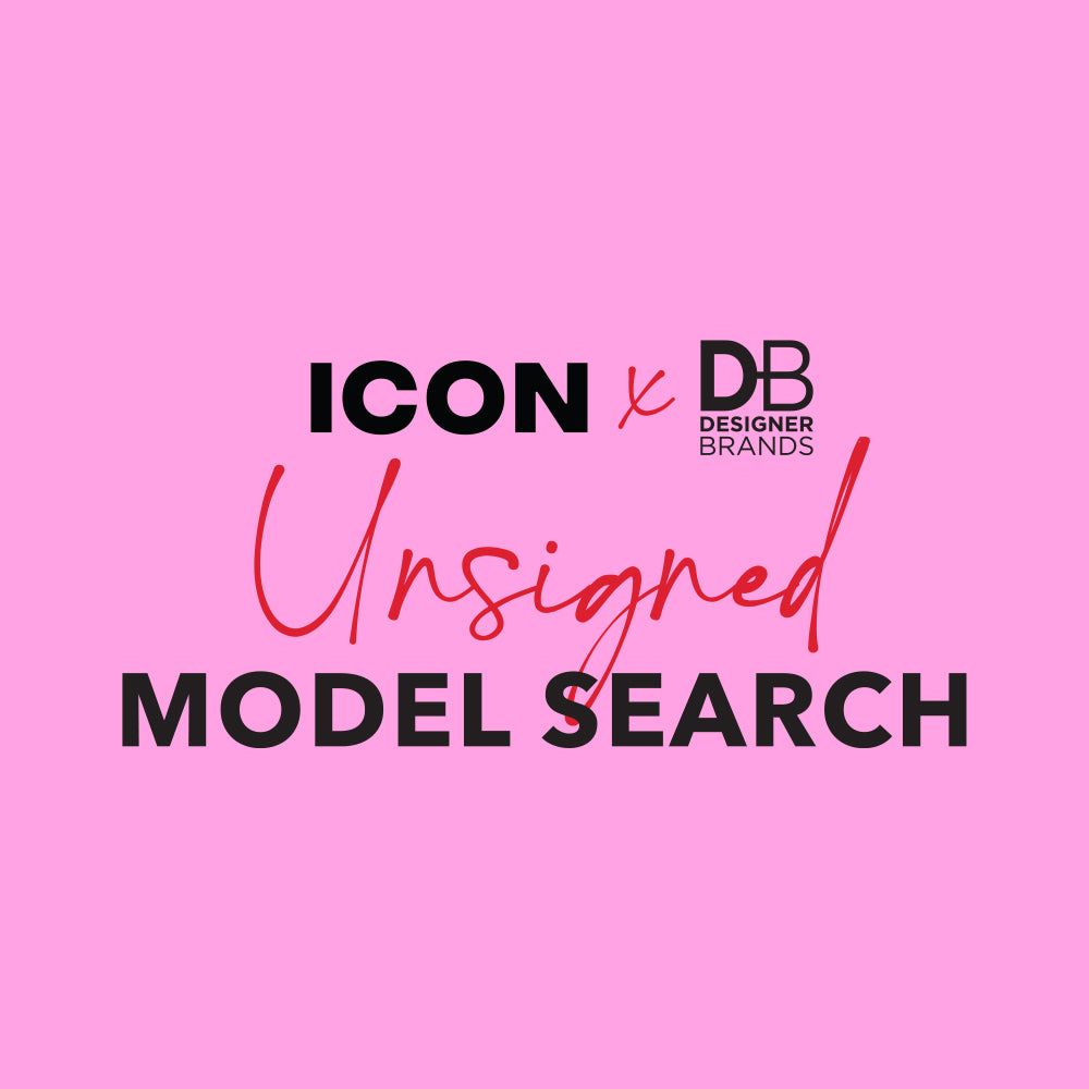 Pink background with text: "ICON x DB Designer Brands Unsigned Model Search" in black and red. Fashion and modelling theme.
