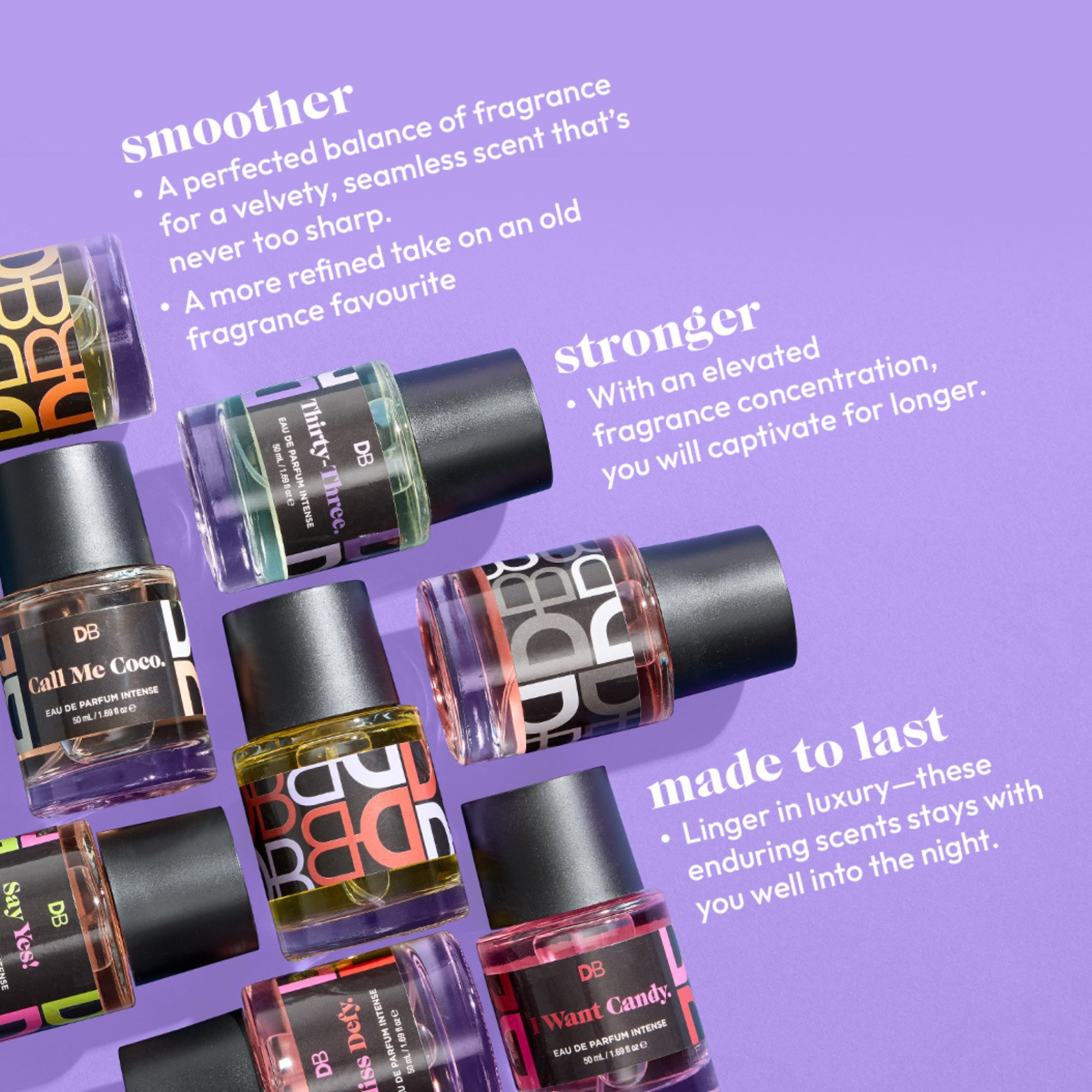 Collection of perfume bottles with descriptive text on a purple background