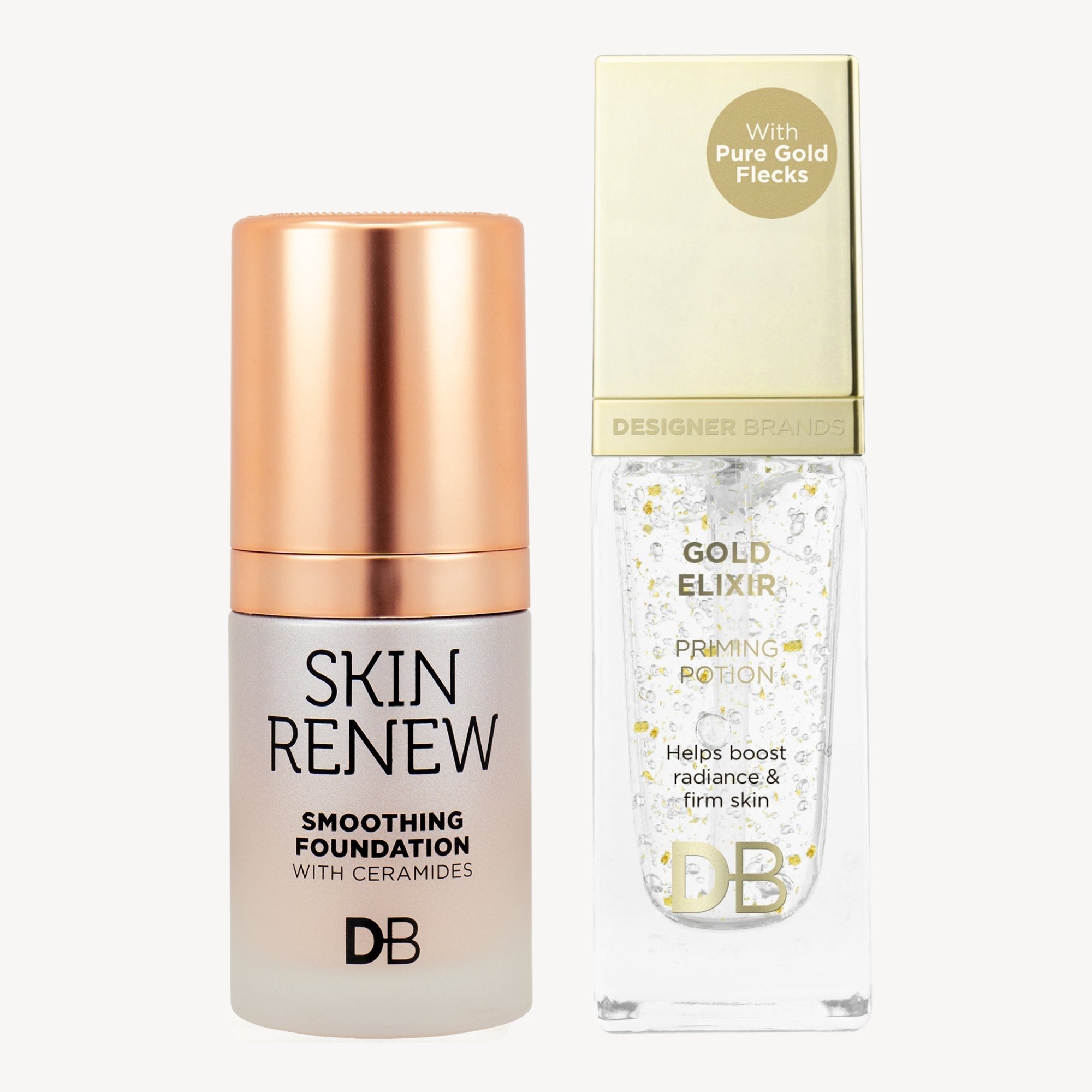 Two cosmetic bottles: "Skin Renew" smoothing foundation with ceramides, and "Gold Elixir" priming potion with pure gold flecks, side by side.