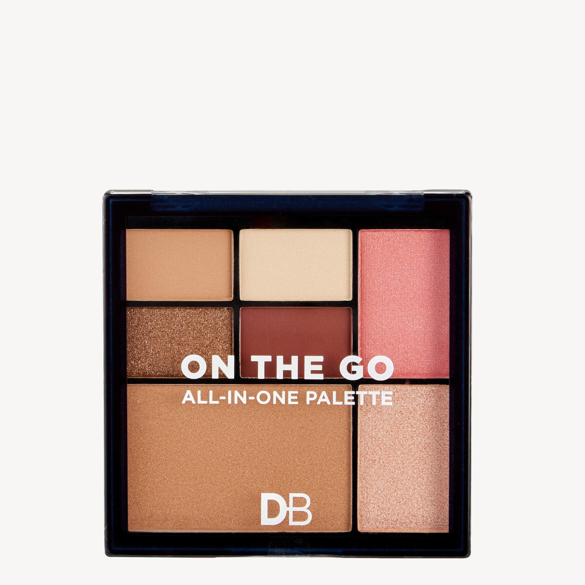 Makeup palette with six shades: nude, peach, pink, bronze, shimmery gold, and brown. "On The Go All-In-One Palette" text on lid.