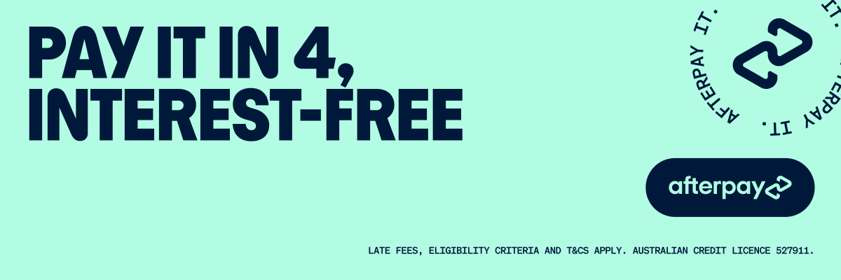 Mint green background with bold text: "Pay it in 4, interest-free." Afterpay logo and details on late fees, eligibility, terms, and credit licence.