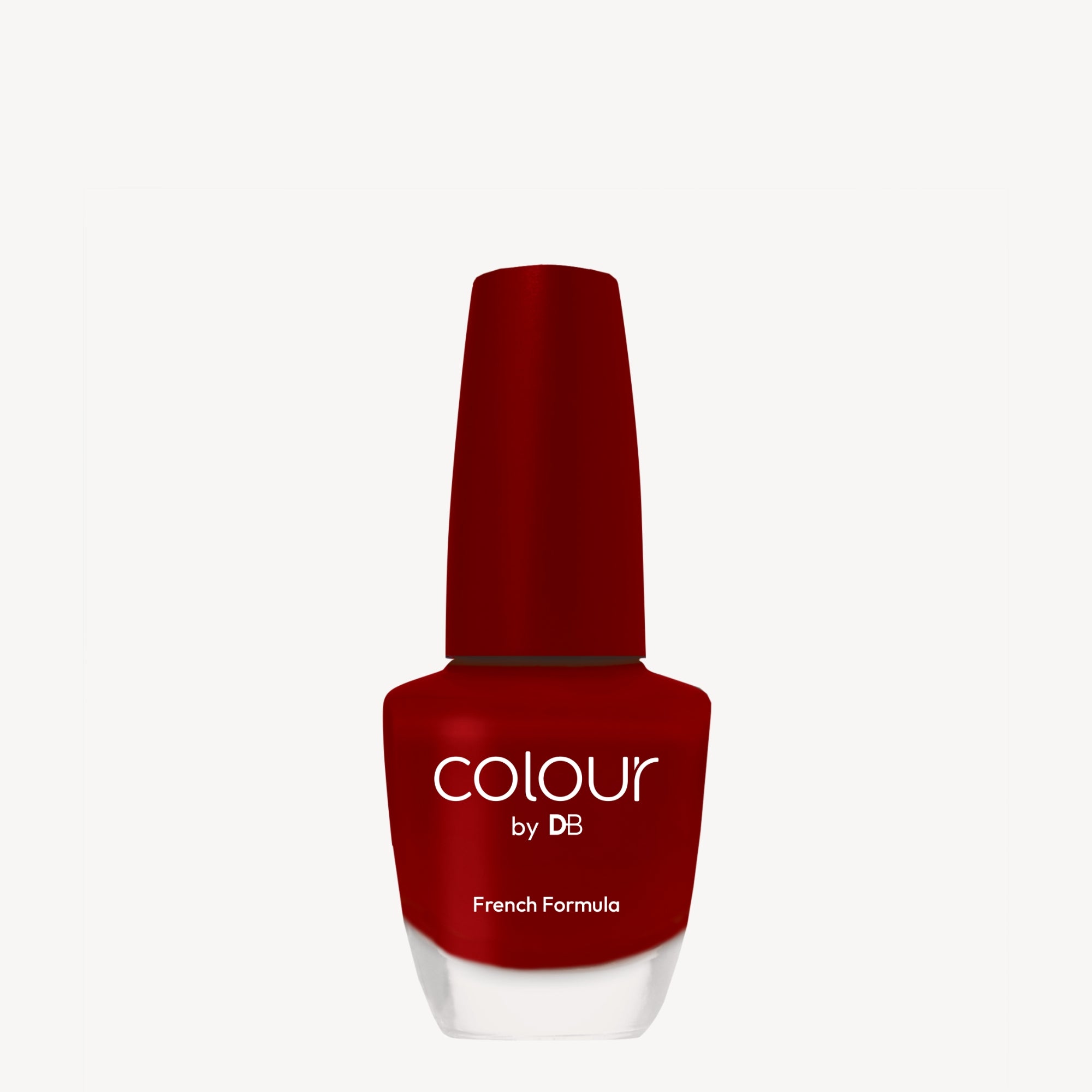 Red nail polish bottle, labelled "Colour by DB," featuring a sleek design with "French Formula" text. Set against a plain white background.