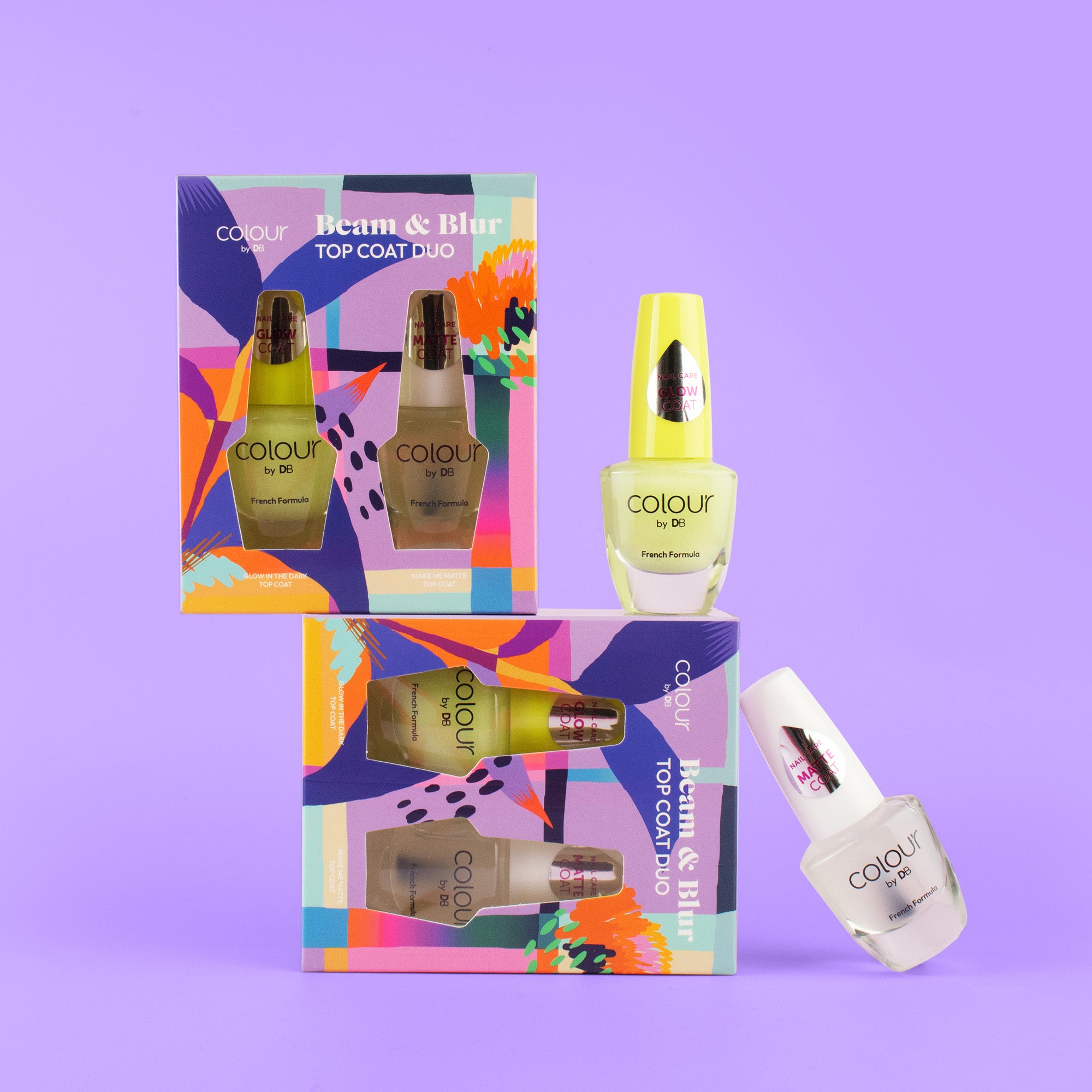 Colour by TBN nail polish set in vibrant packaging, featuring three top coats and two bright-coloured polishes on a purple background.