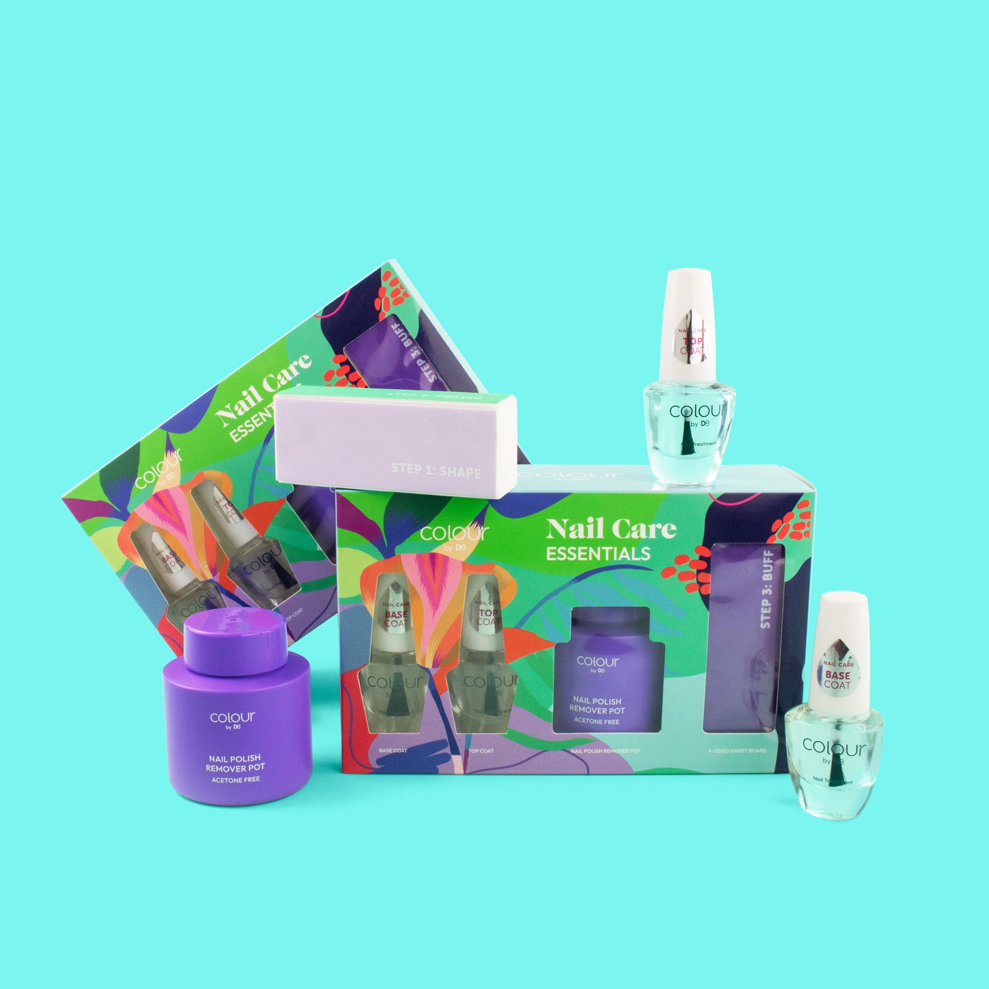 Nail care essentials set featuring colourful packaging with nail polish, remover bottle, and a buffer on a blue background.