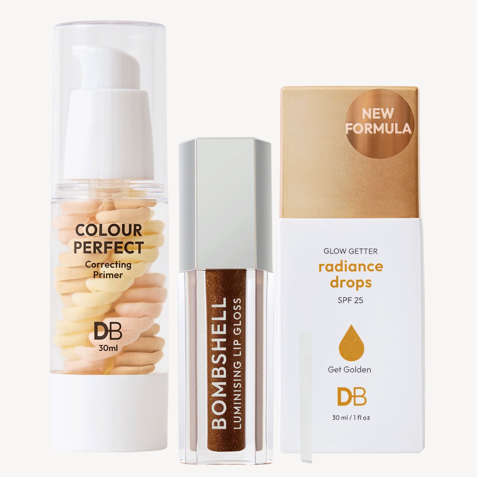 Three beauty products: Colour Perfect Correcting Primer, Bombshell Luminising Lip Gloss, and Glow Getter Radiance Drops with SPF 25, all under 'DB' branding.