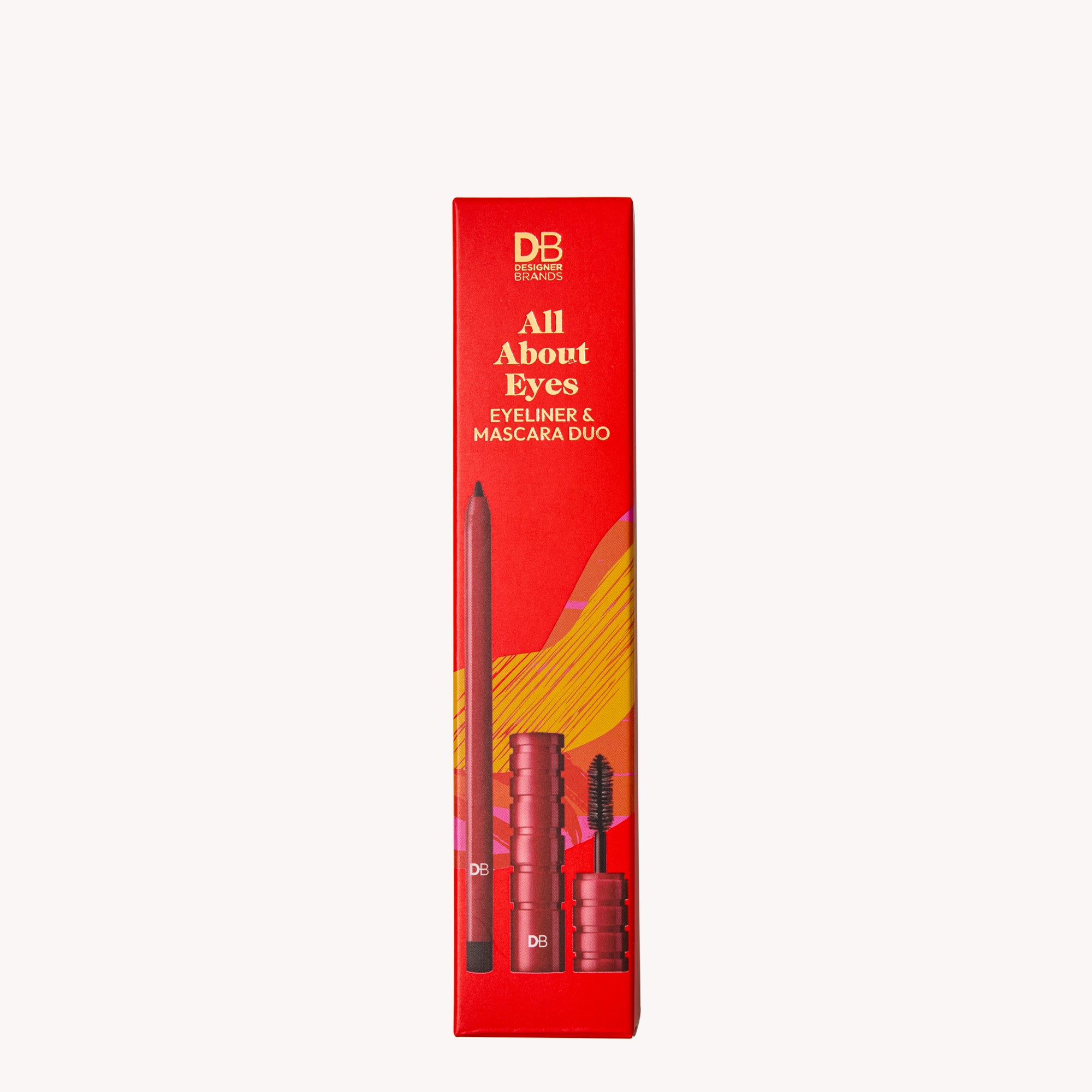 Red packaging of an eyeliner and mascara duo with 'DB' branding on a white background