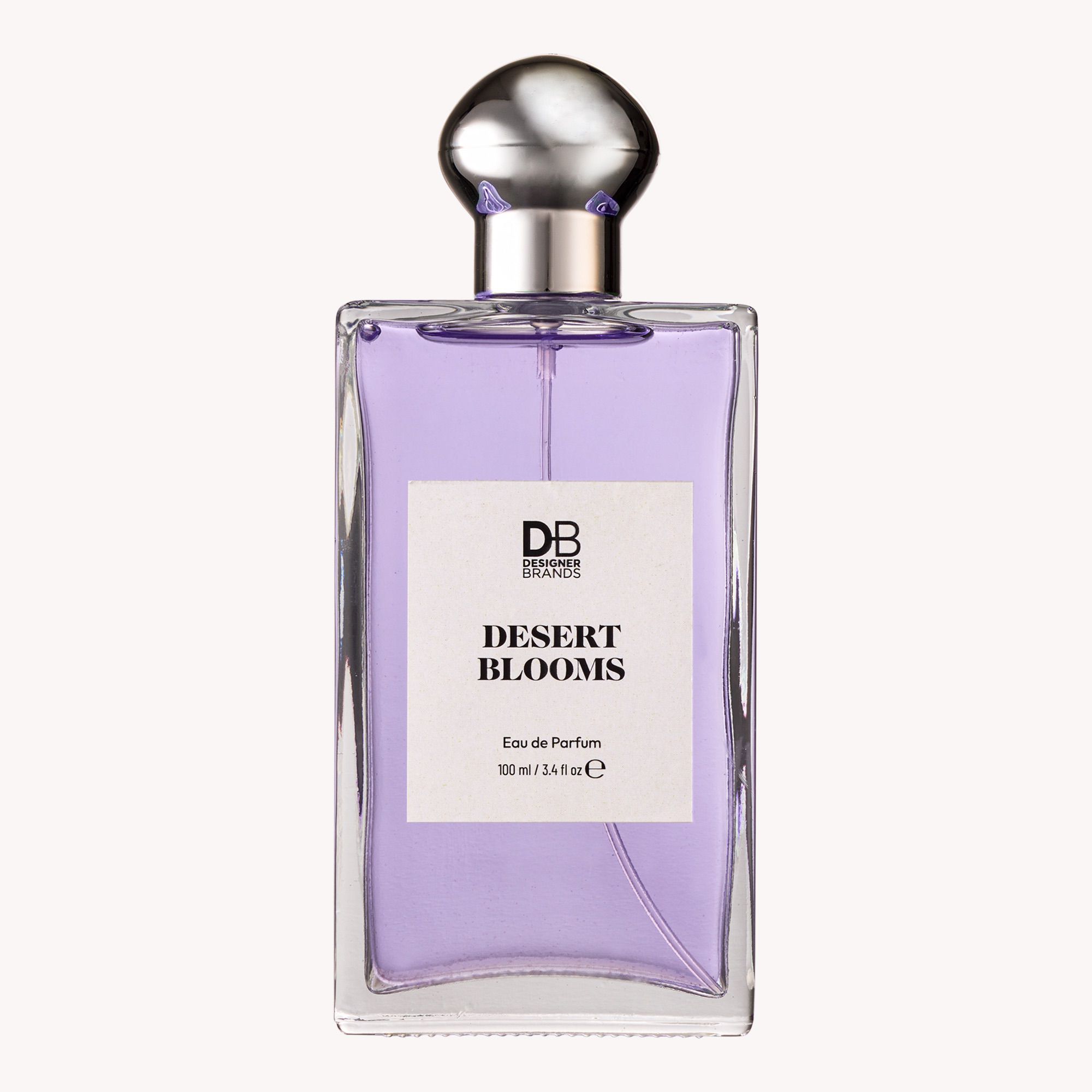 Perfume bottle labeled 'Desert Blooms' by Debenhams on a white background
