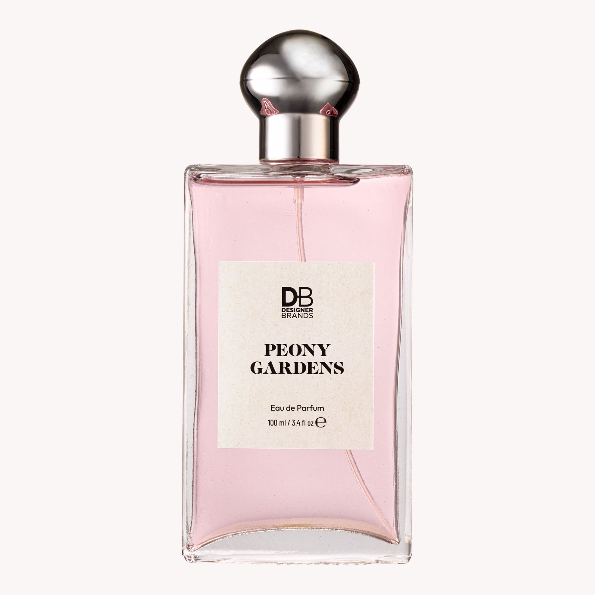 Elegant glass bottle of Peony Gardens Eau de Parfum with pink liquid and chrome cap. Luxurious fragrance by Dreamer's Brands Australia, 100ml.
