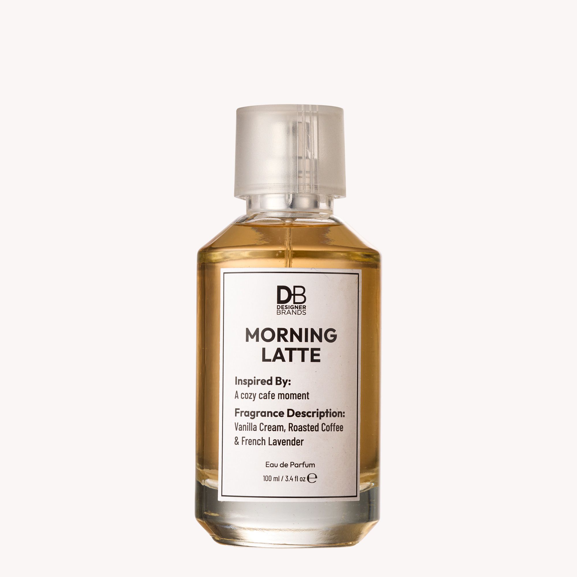 Perfume bottle labeled 'Morning Latte' by DB Brands on a white background