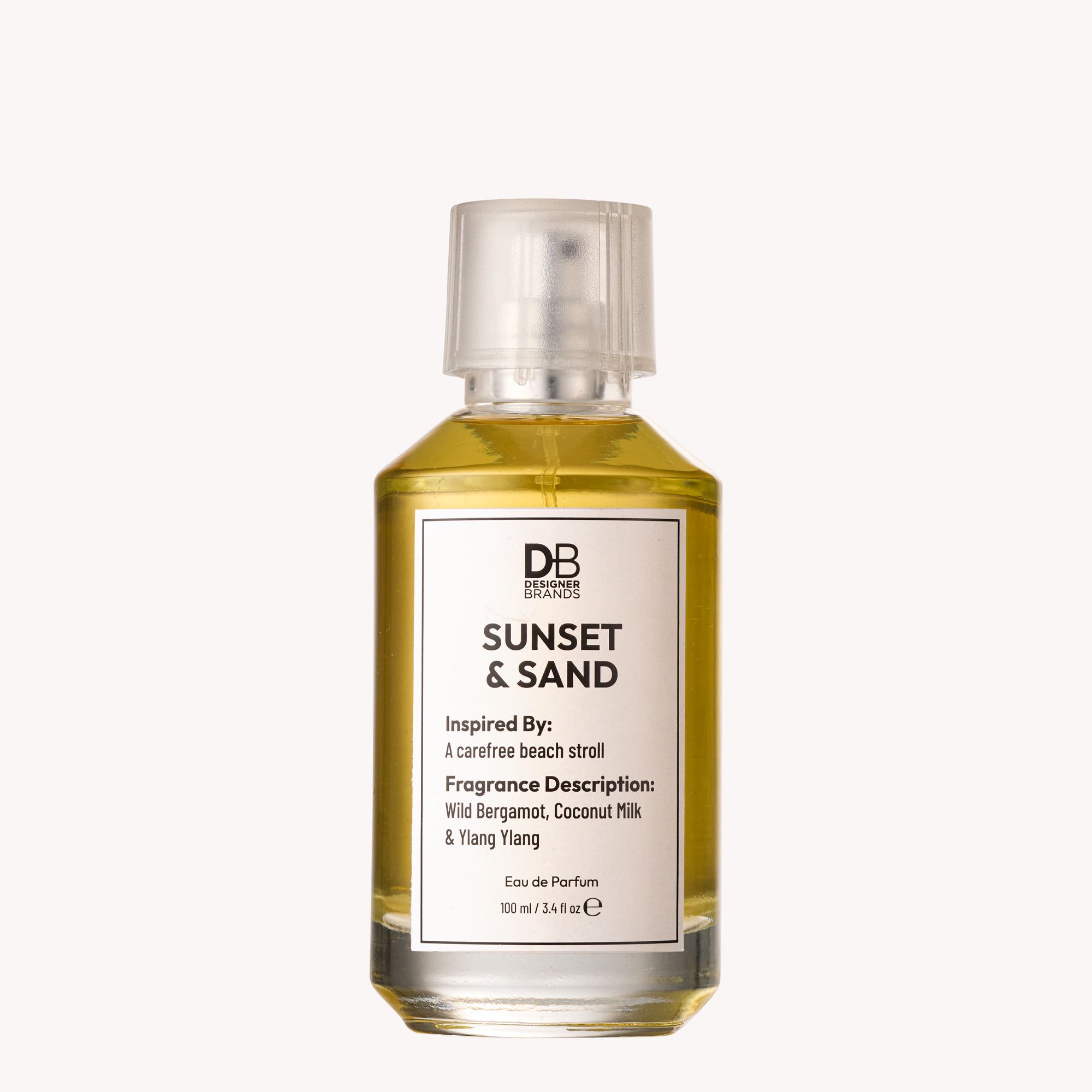Perfume bottle labeled 'Sunset & Sand' on a white background