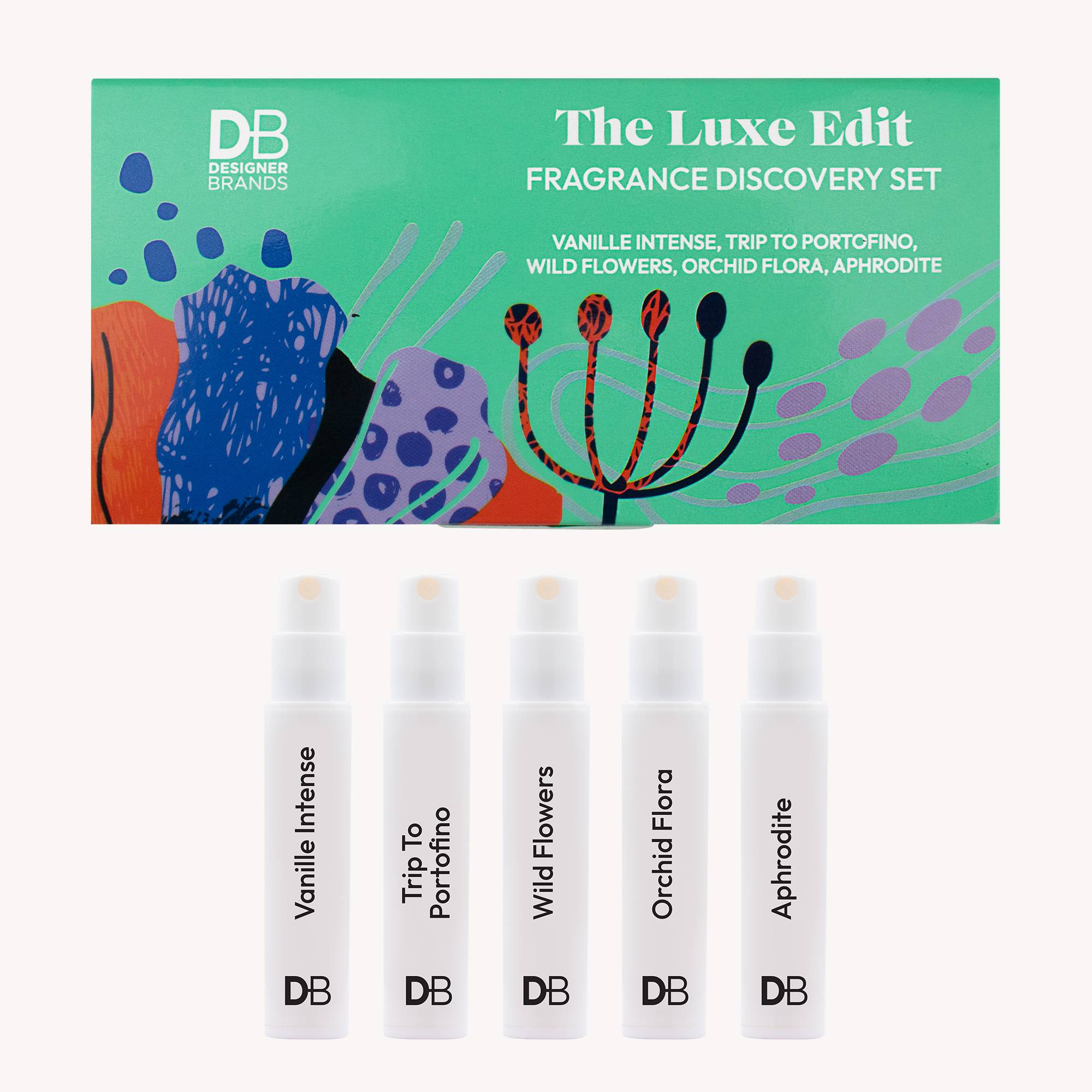 Fragrance discovery set with five small bottles labeled Vanille Intense, Trip To Portofino, Wild Flowers, Orchid Flora, and Aphrodite, featuring a colorful box in the background.