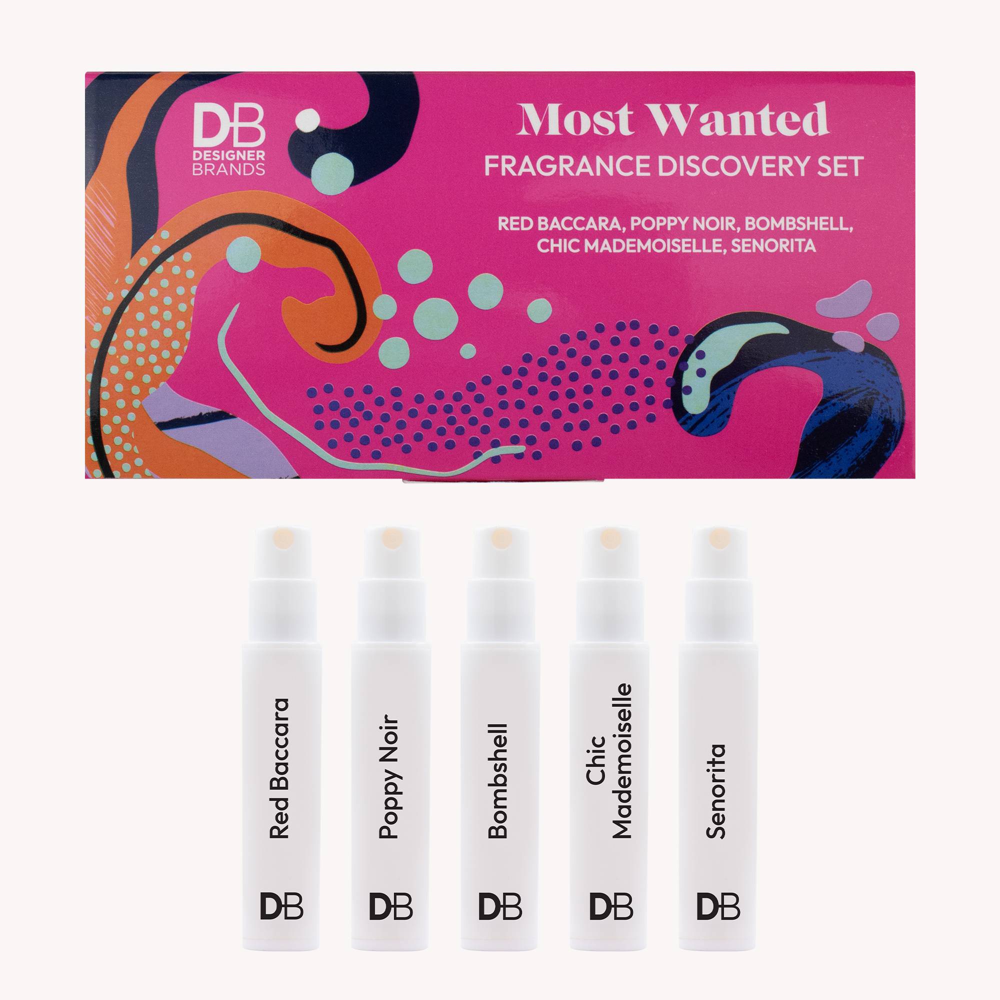 Designer Brands fragrance discovery set with colorful packaging and five small bottles on a white background.