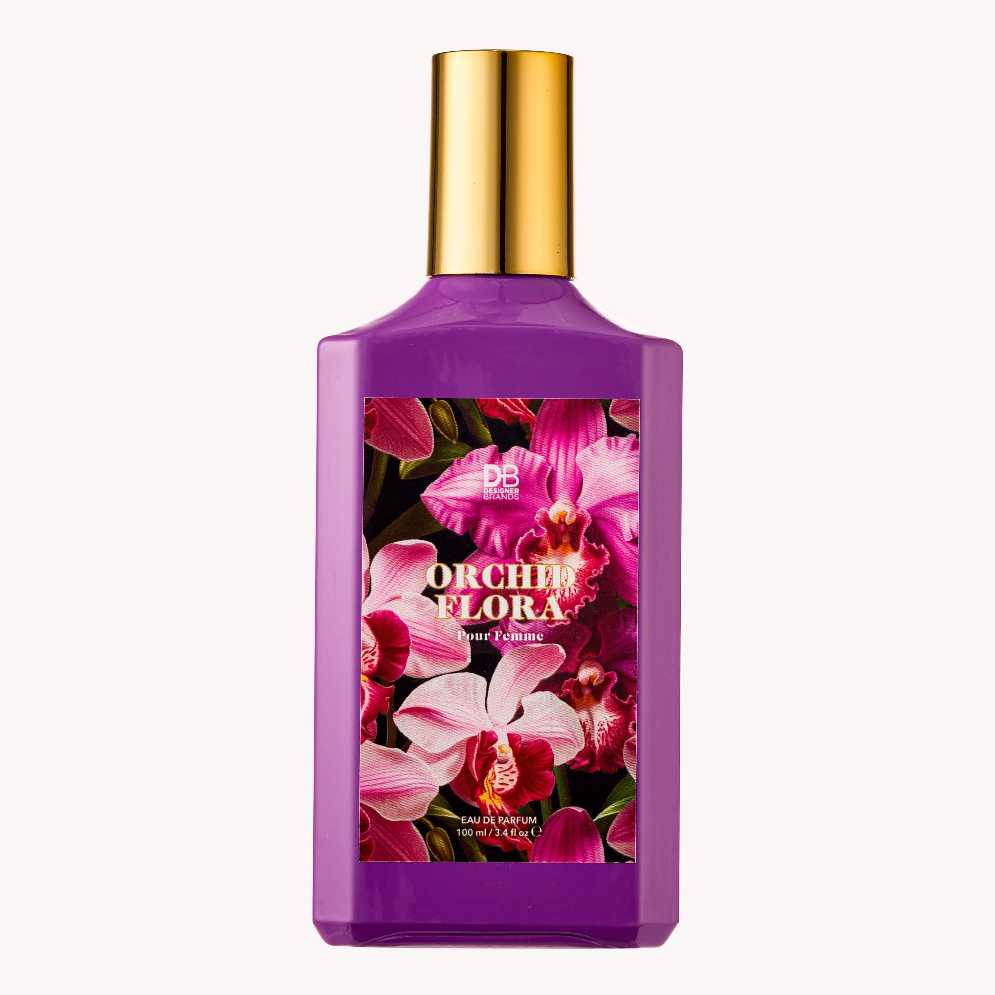 Purple perfume bottle with gold cap featuring pink orchids on a white background