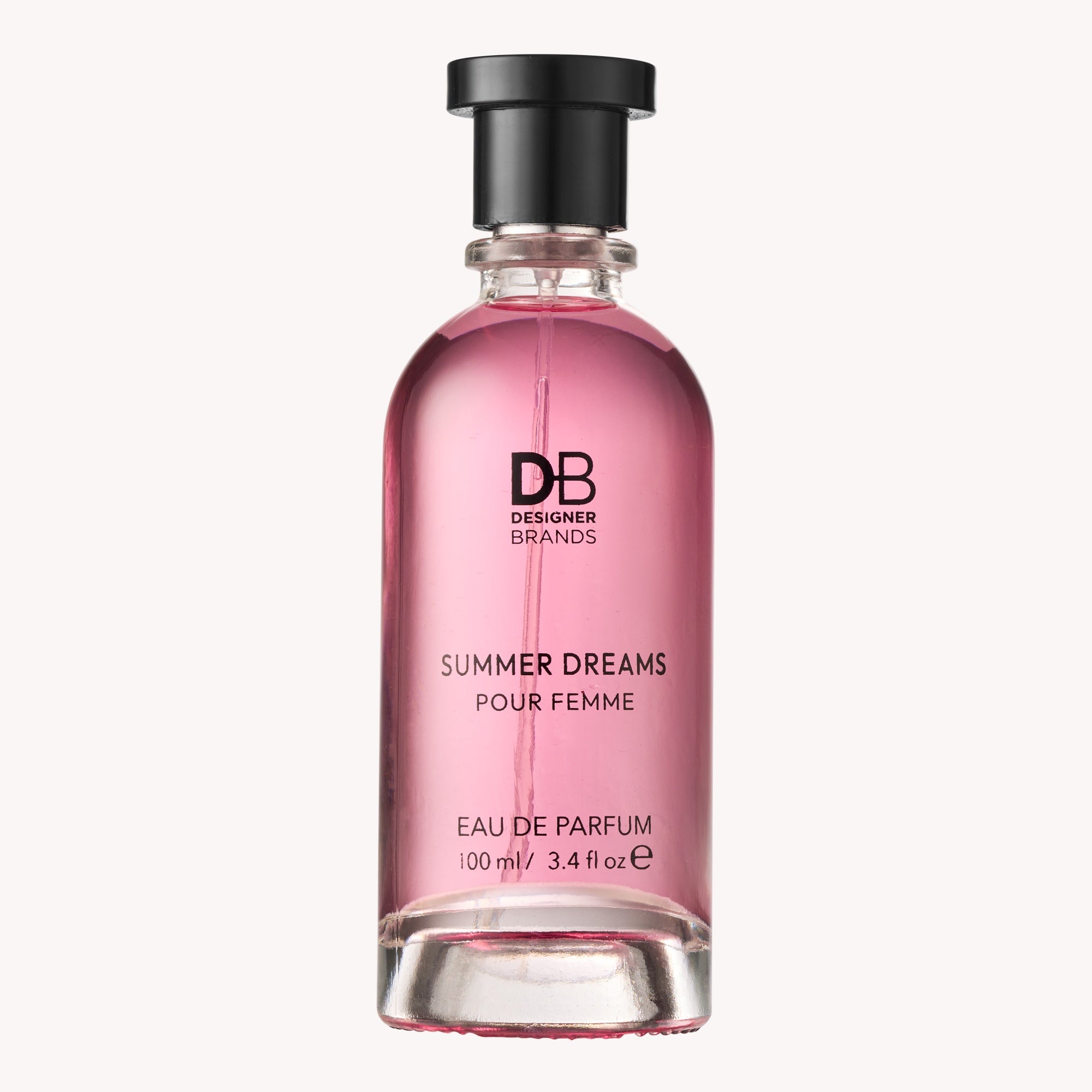 Pink perfume bottle labeled 'Summer Dreams' by Designer Brands on a white background