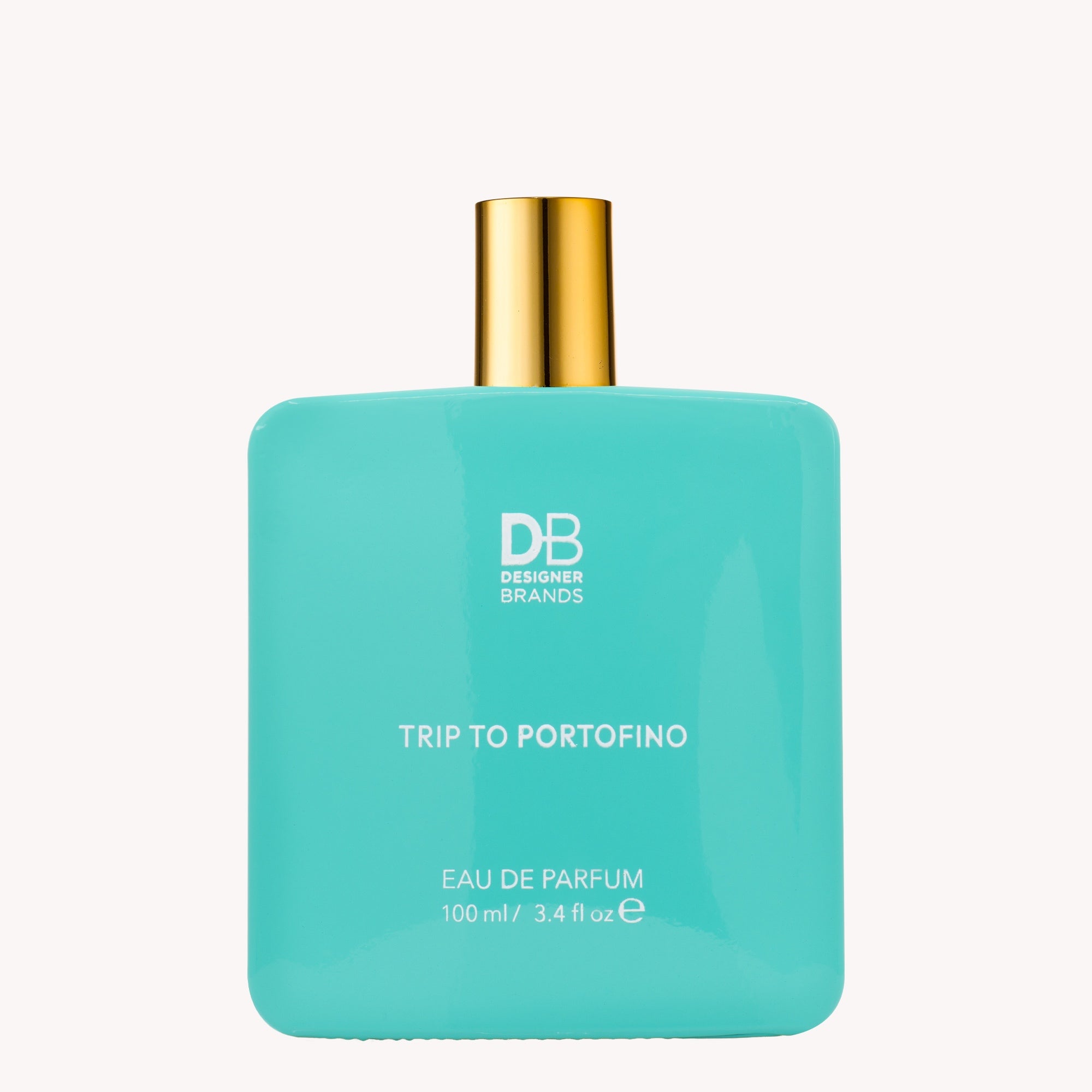 Turquoise perfume bottle with gold cap on a white background