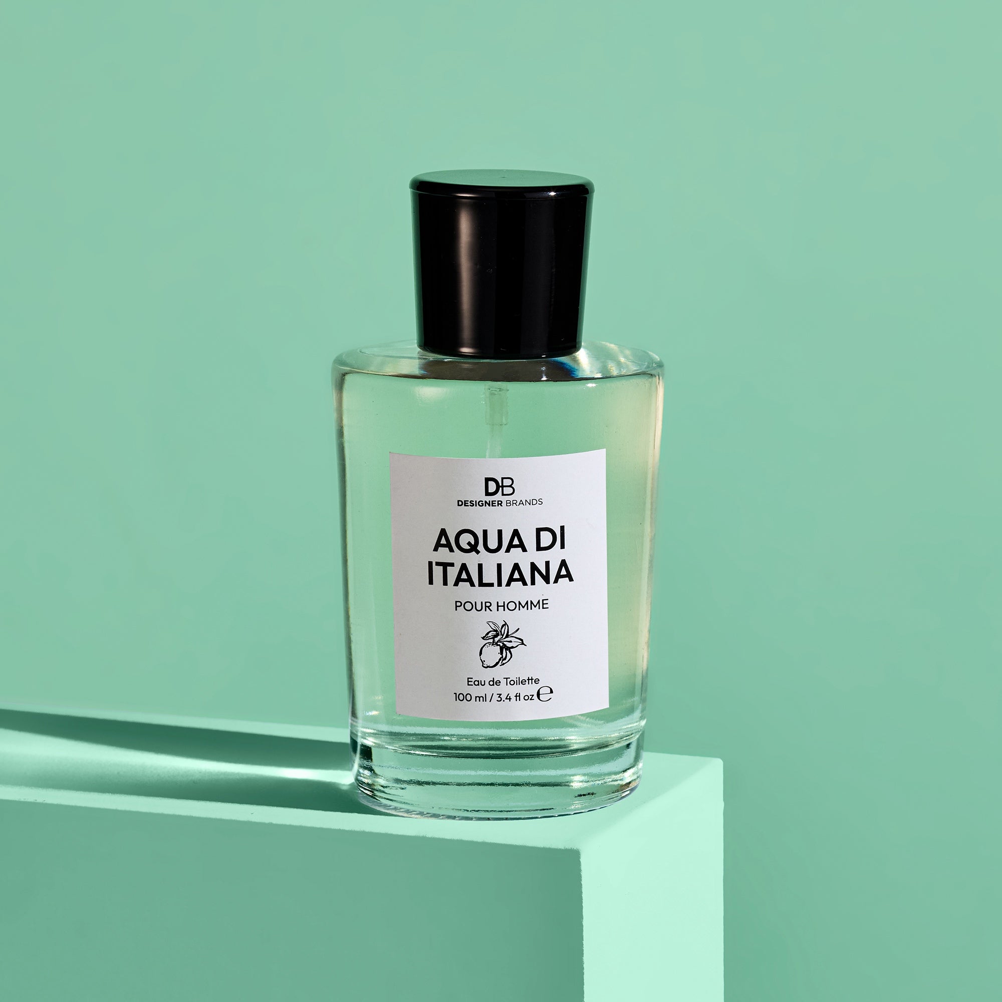 Perfume bottle labeled 'Aqua di Italiana' on a light green background
