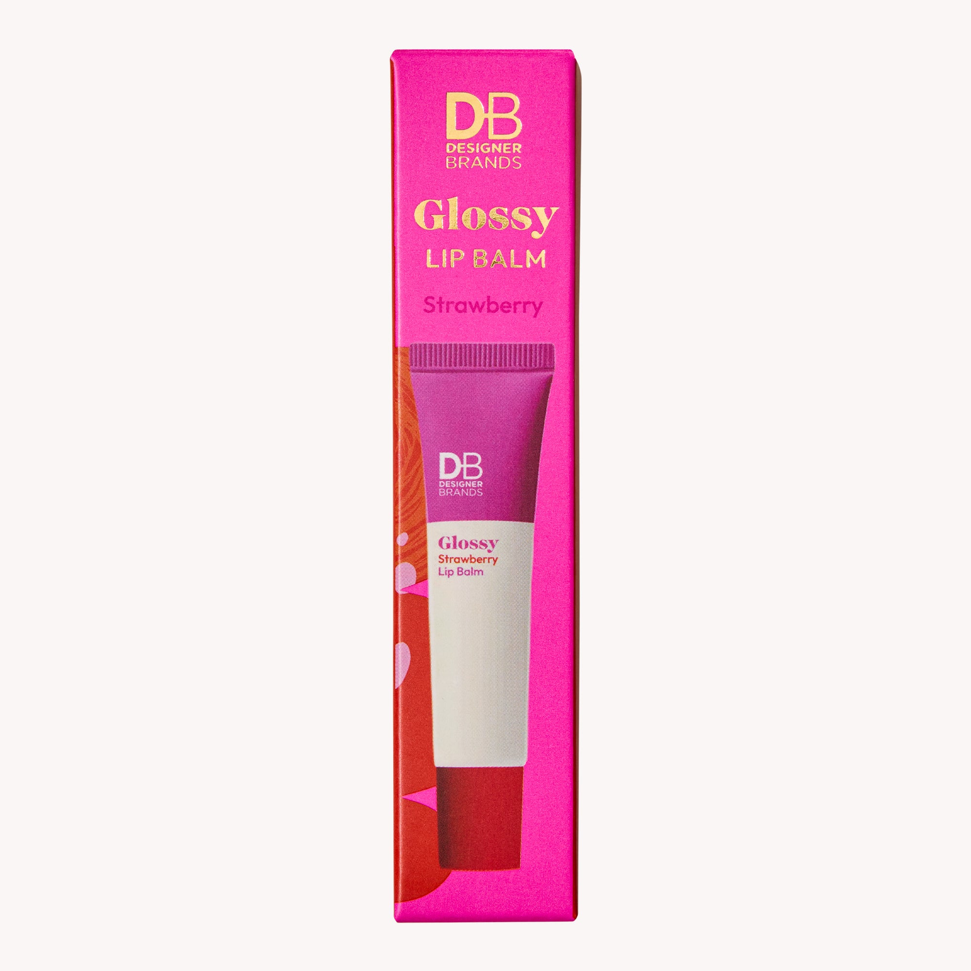 Pink packaging of a glossy lip balm with 'DB Designer Brands' branding on a white background.