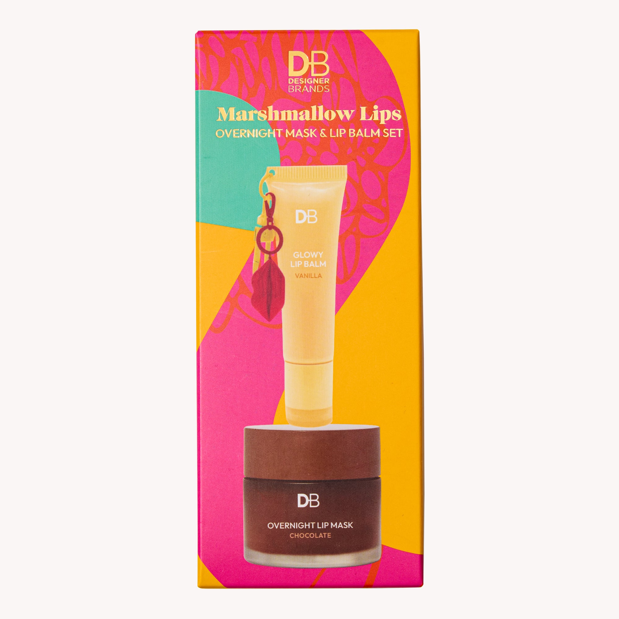 DB Designer Brands Marshmallow Lips overnight mask and lip balm set packaging on a white background