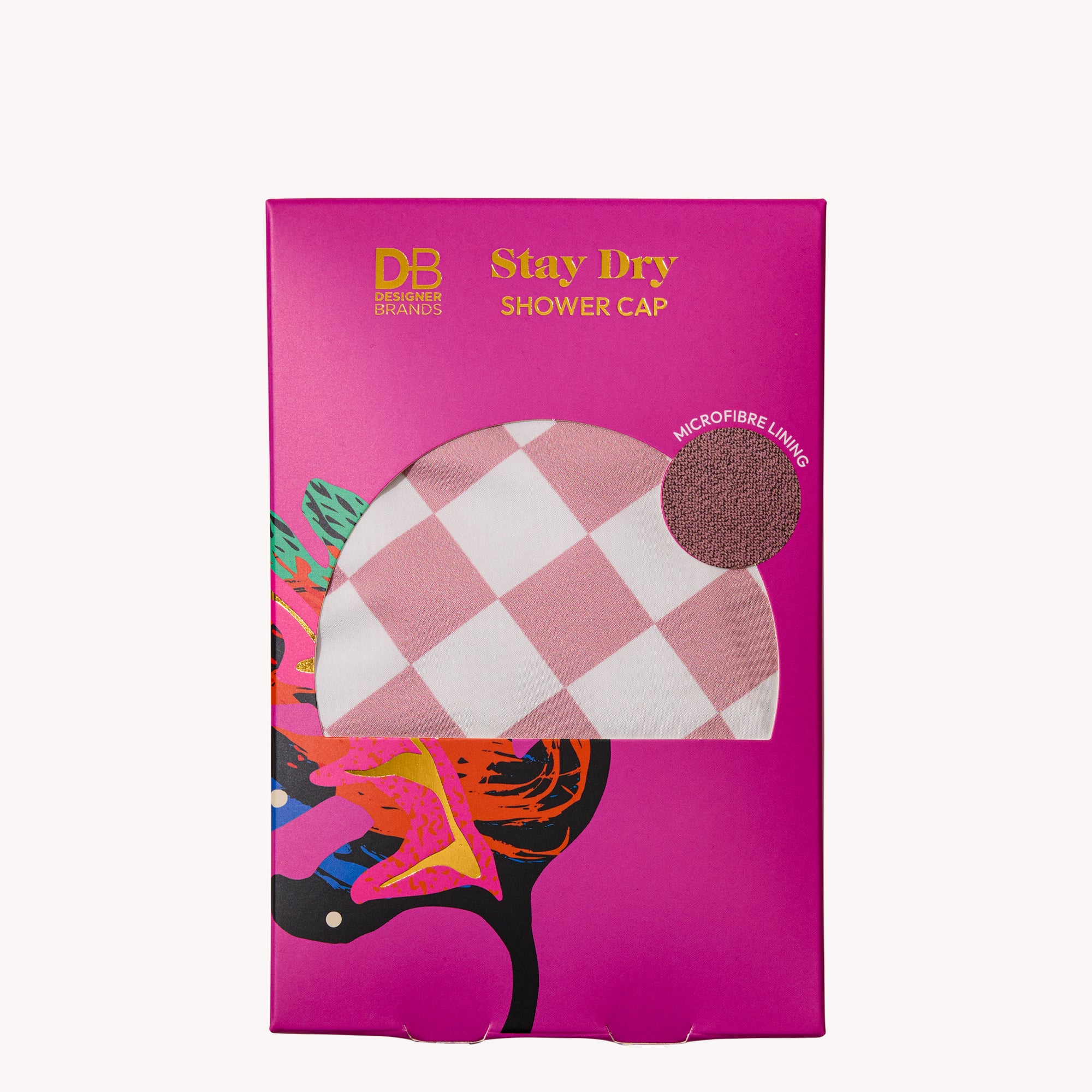 Pink packaging of a Stay Dry shower cap with a pink checkered pattern and microfibre lining. Design features vibrant abstract art.