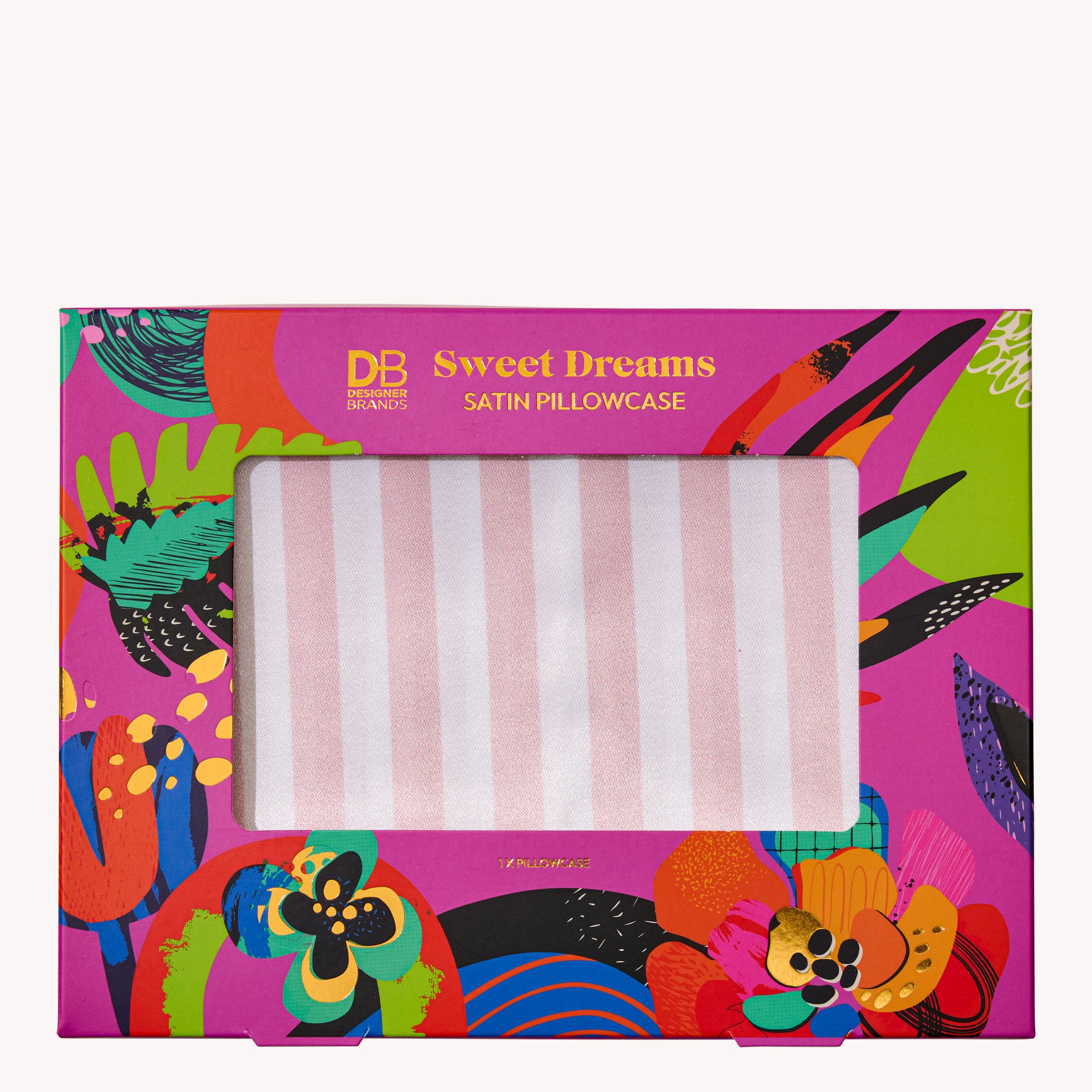 Vibrant packaging of DB Brands Sweet Dreams satin pillowcase, featuring pink stripes, surrounded by colourful floral and abstract patterns.