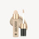 Skin Renew Ceramide Concealer with a gold cap, sponge applicator, and accompanying wand, displayed with a creamy beige smear background.