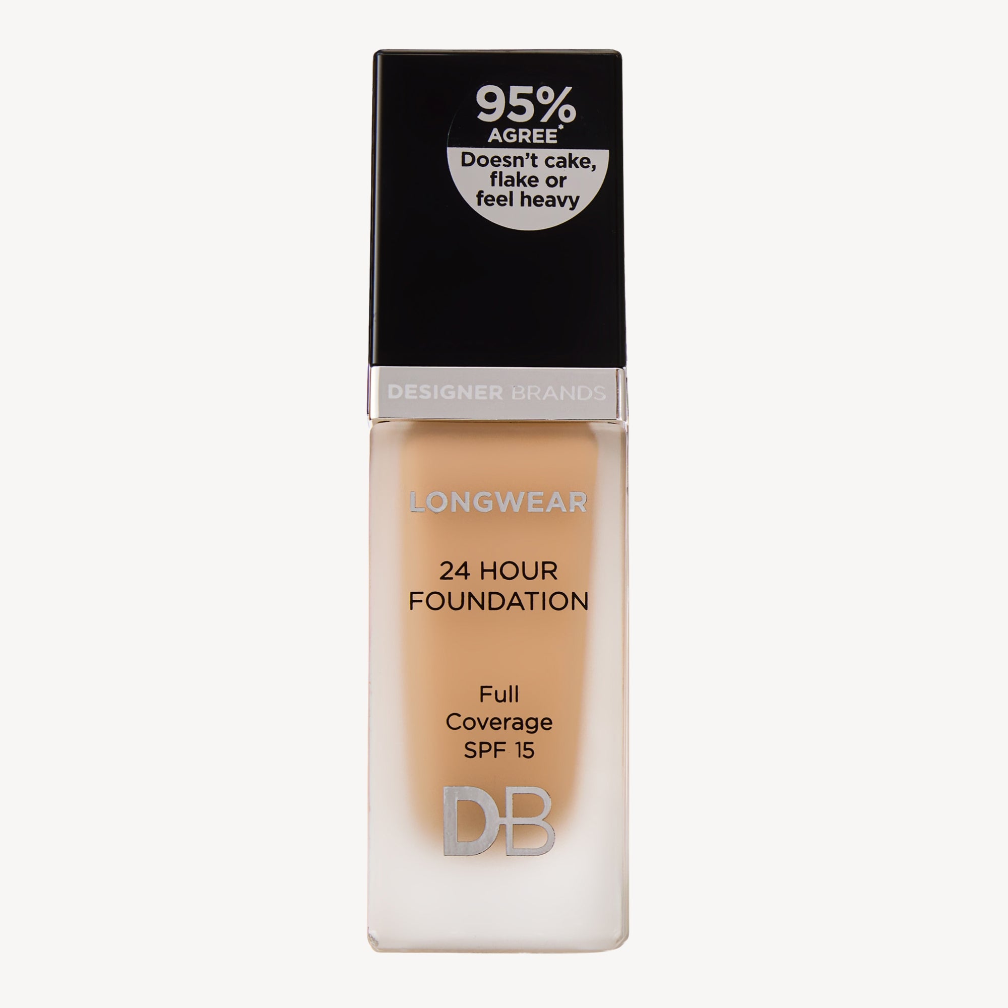 Designer Brands Longwear 24 Hour Foundation bottle with black cap, offers full coverage and SPF 15 protection. Suitable for luxury makeup lovers.