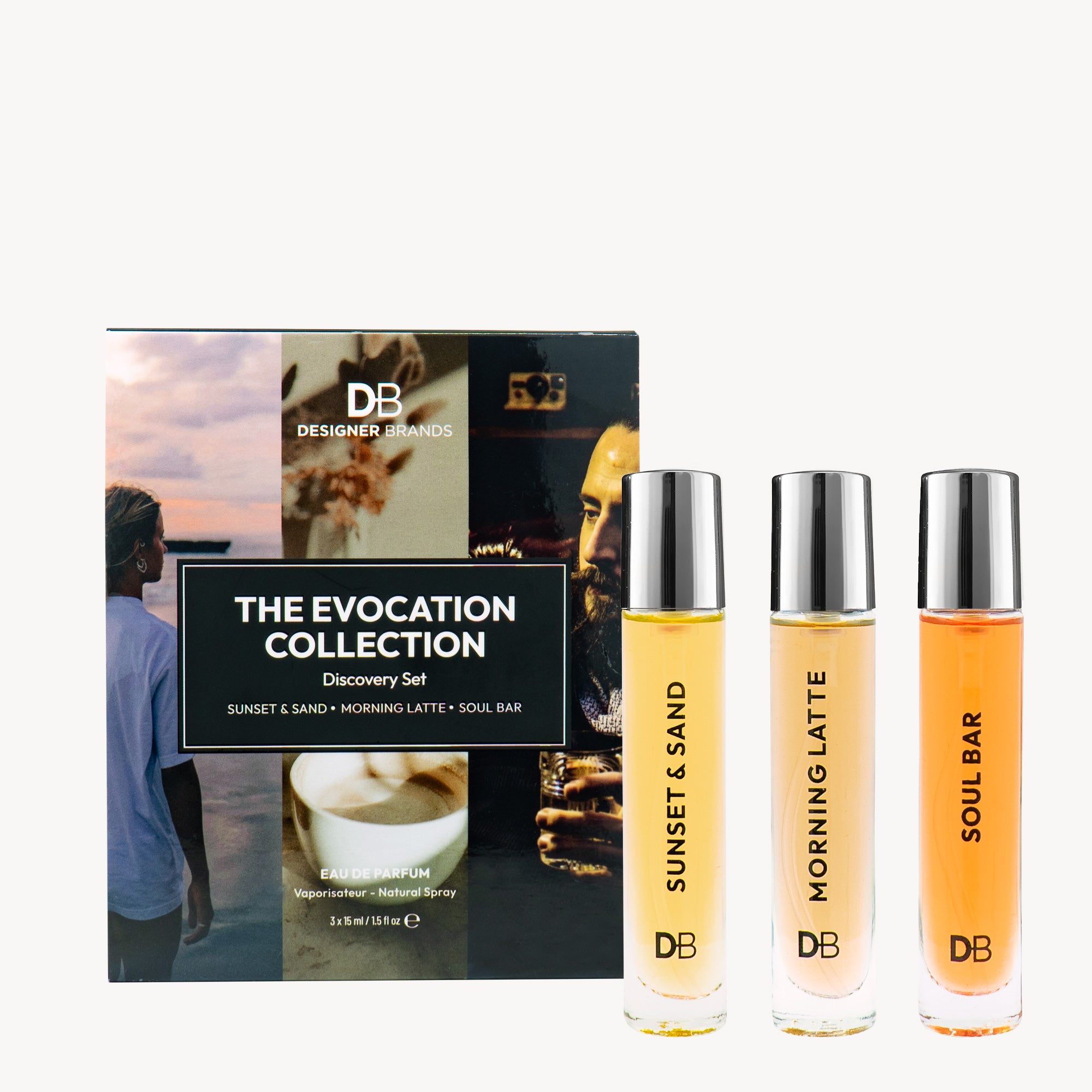 DB Designer Brands Evocation Collection with three perfume bottles and packaging on a white background