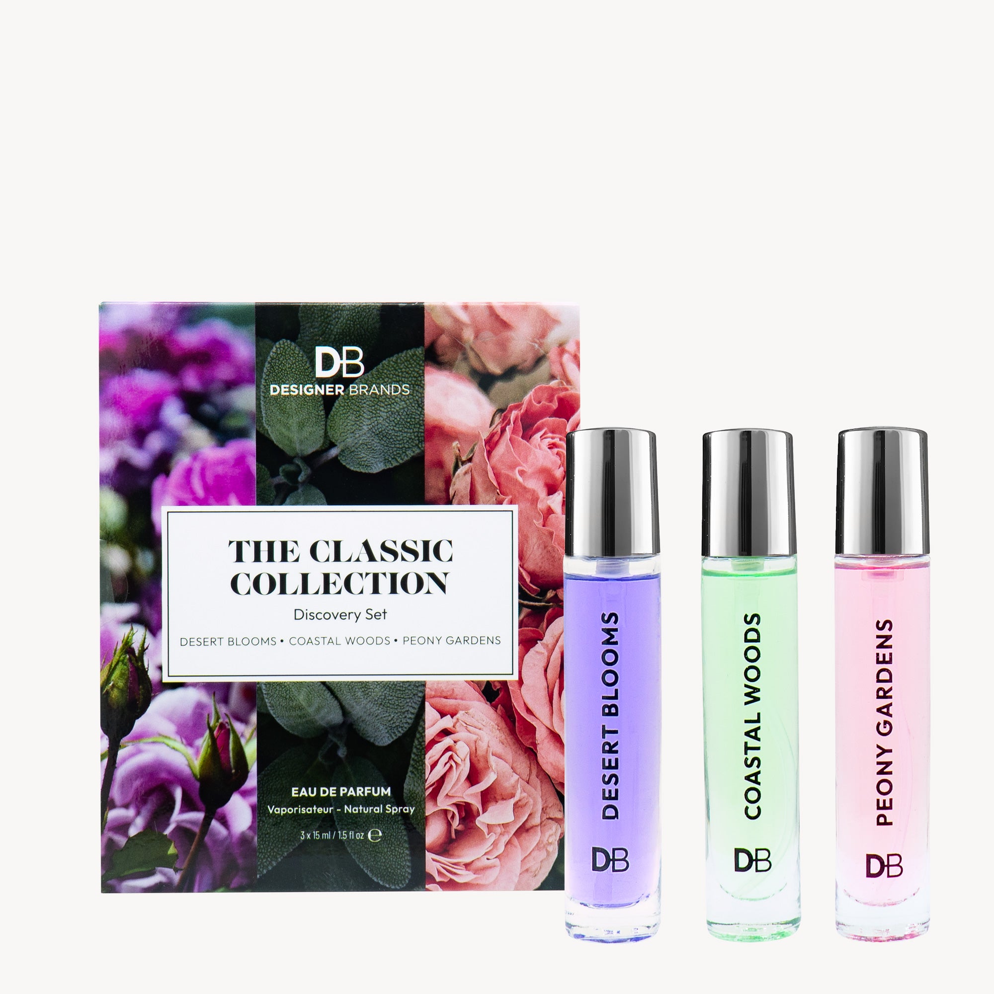 Three perfume bottles with 'DB' branding and a box labeled 'The Classic Collection' on a white background.