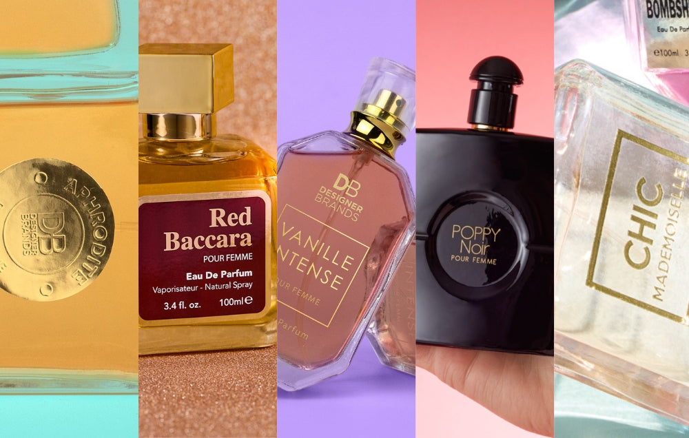 A collage of luxury perfume bottles with gold accents, featuring brands like Red Baccara, Vanille Intense, Poppy Noir, and Chic Madeoiselle.
