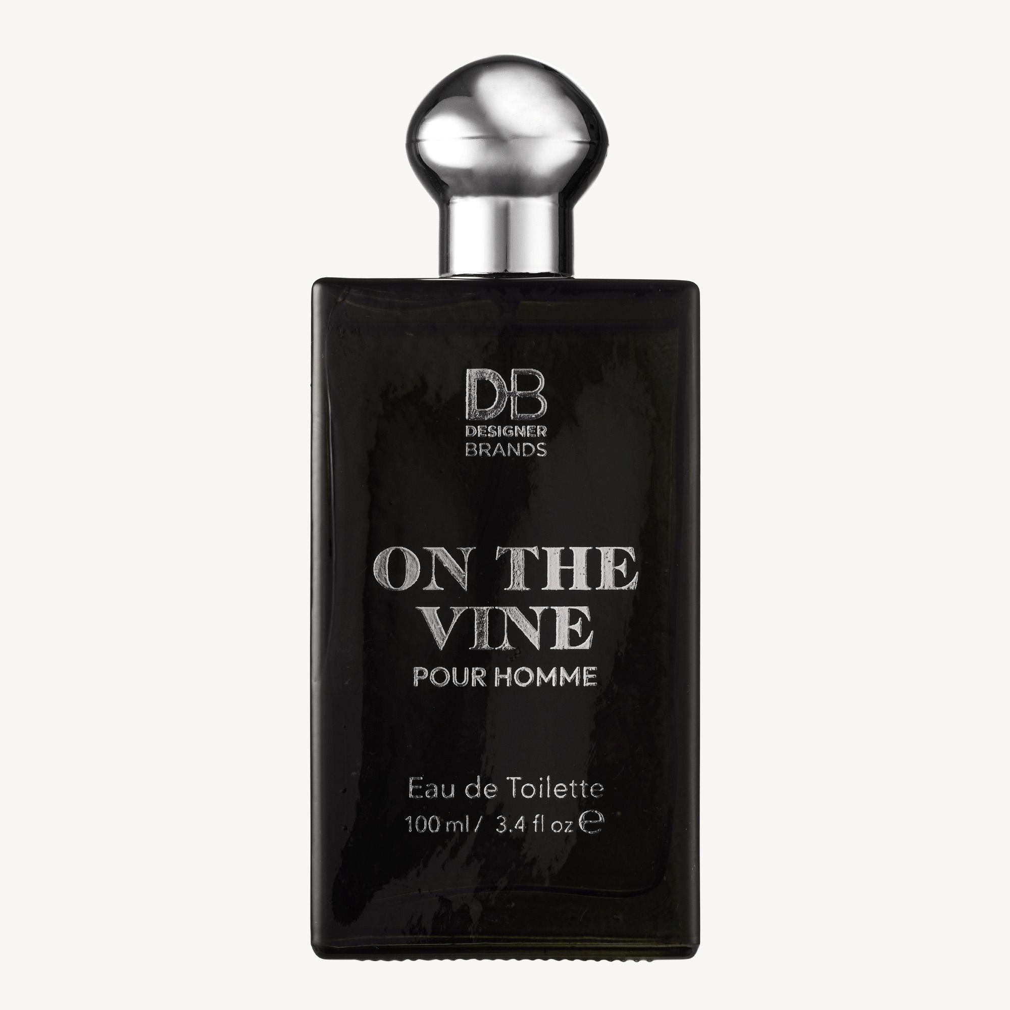 Black perfume bottle labeled 'On the Vine Pour Homme' by Designer Brands on a white background