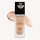 Square bottle of DB Longwear 24 Hour Foundation with SPF 15, set against foundation swatches. Claims 95% agree it doesn't cake, flake, or feel heavy.