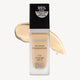 Bottle of Designer Brands Longwear 24 Hour Foundation with full coverage, SPF 15. Beige swatch, black cap, claims non-cakey finish.