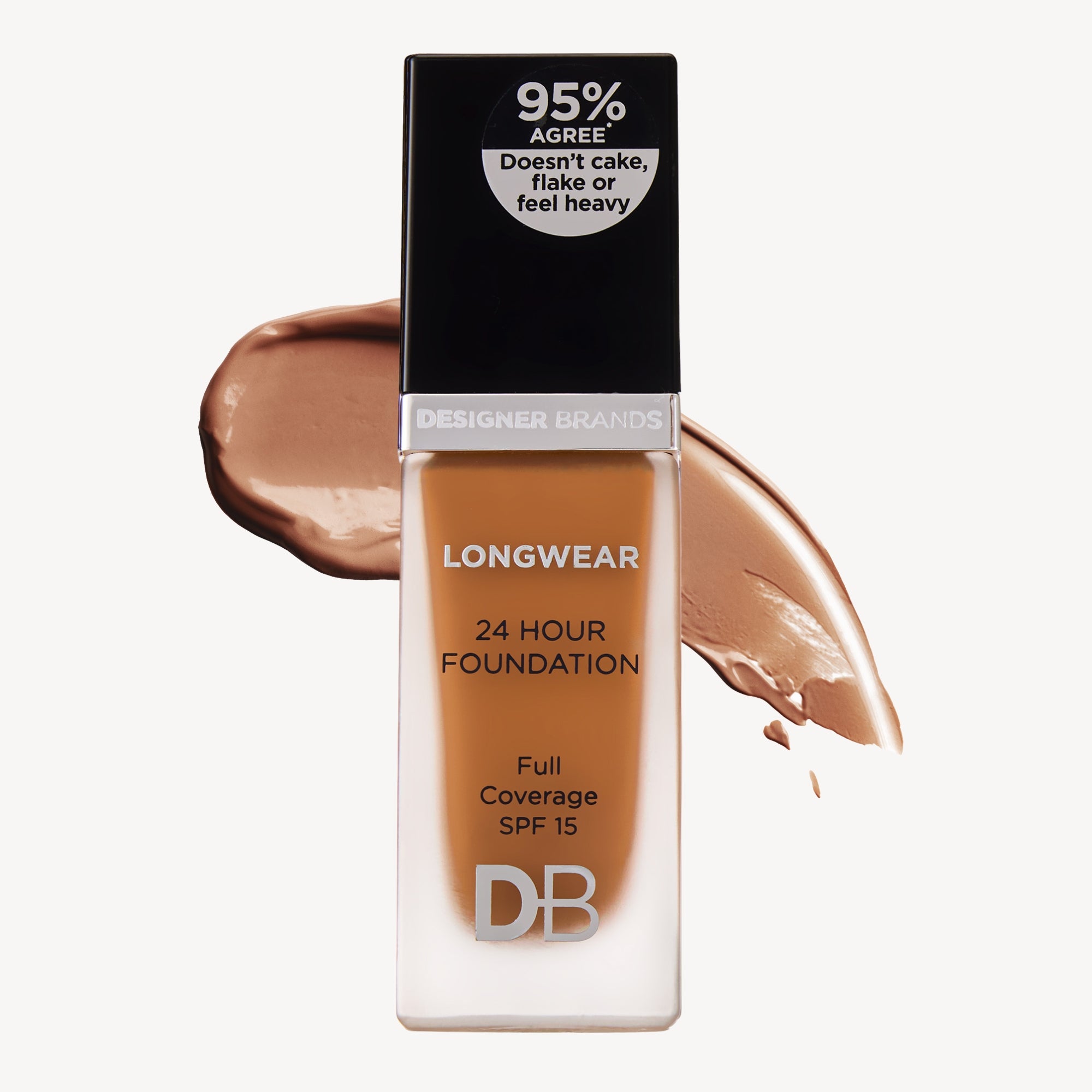 Bottle of DB Longwear 24 Hour Foundation with product smear, SPF 15, full coverage, black and white label, isolated on plain background.