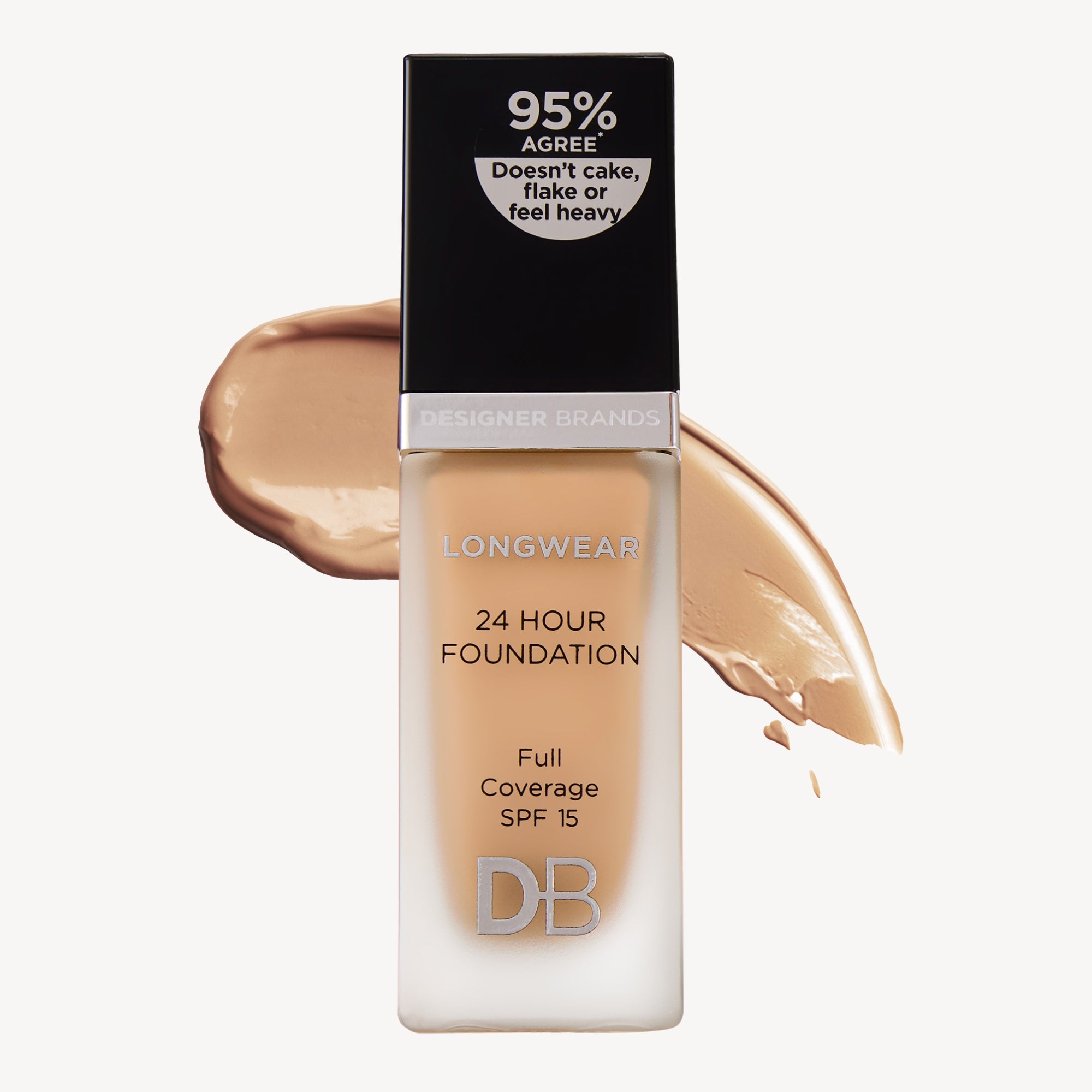 Designer Brands Longwear Foundation with SPF 15, showcasing creamy texture and full coverage. Packaged in a sleek, stylish bottle.