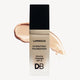 Luminous Hydrating Foundation bottle with black cap, SPF 15, by Designer Brands, with beige liquid swatch backdrop. Elegant cosmetic design.