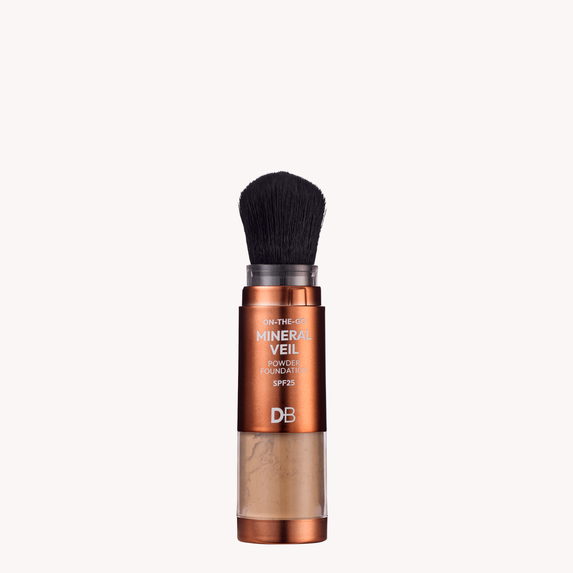 Makeup brush with a brown handle and black bristles on a white background