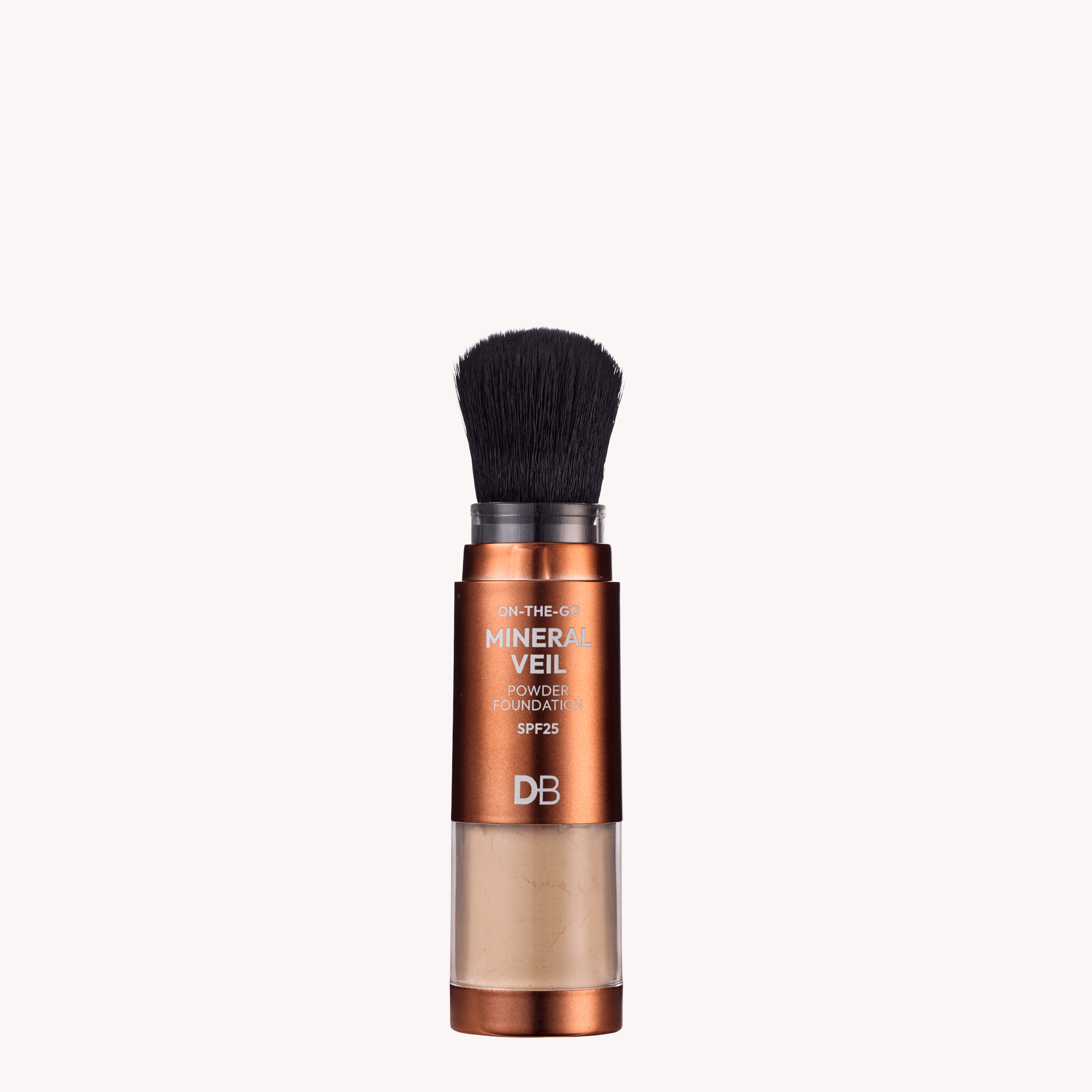 Makeup brush with a brown handle and black bristles on a white background