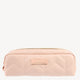 Quilted blush pink makeup bag with a zipper and embossed logo on a metal plate, perfect for luxury jewellery storage.