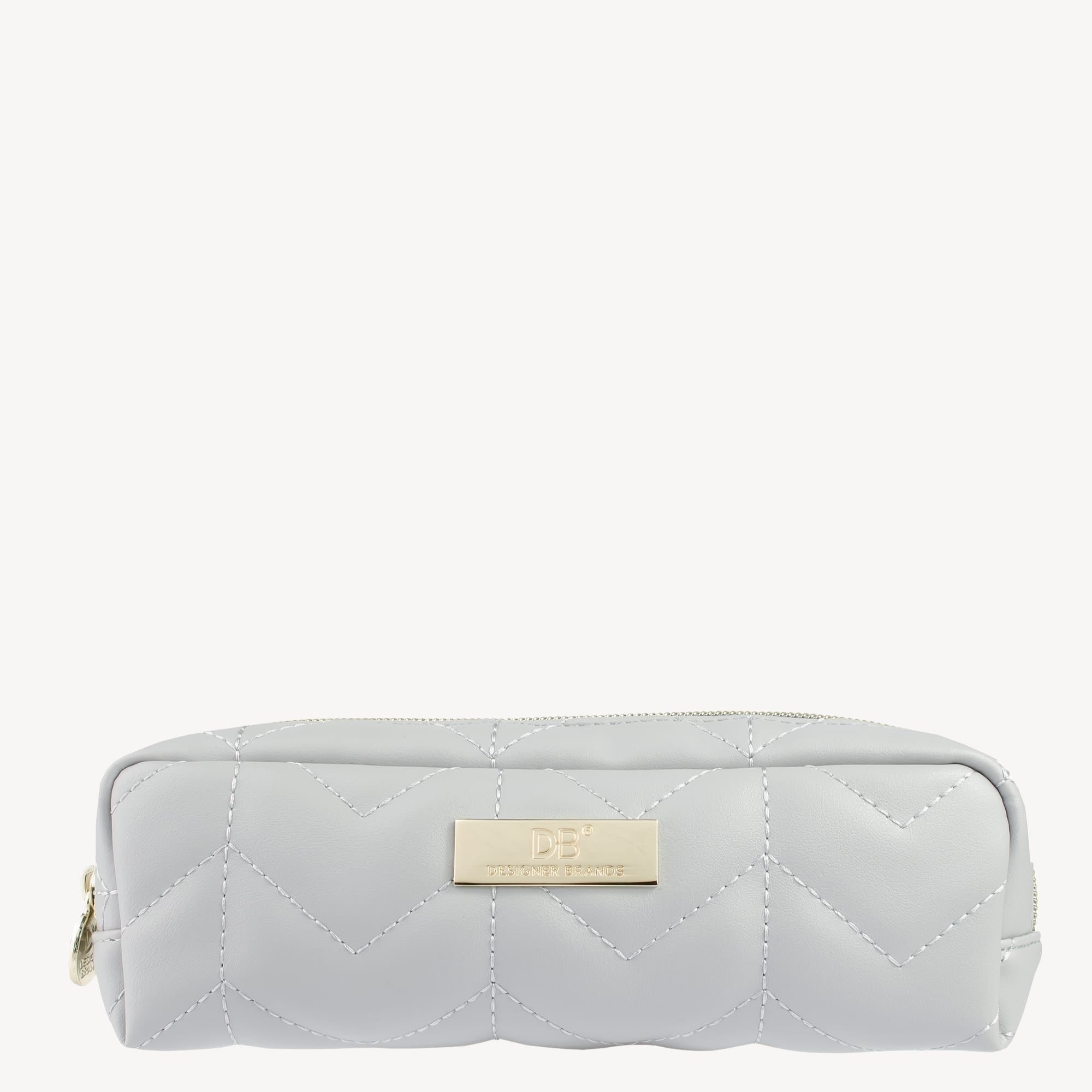 Elegant white quilted jewellery pouch with a gold zipper and branded plaque, ideal for high-end jewellery storage and travel.