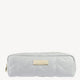 Elegant white quilted jewellery pouch with a gold zipper and branded plaque, ideal for high-end jewellery storage and travel.