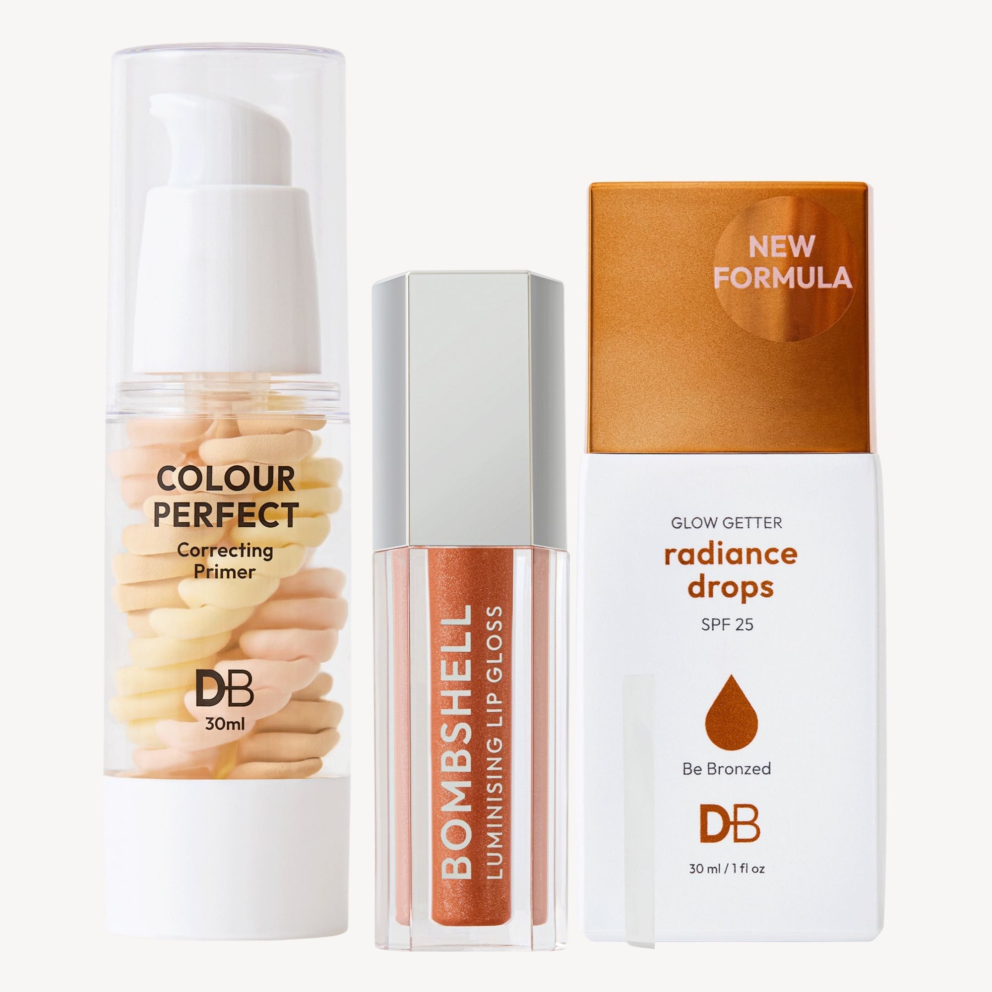 Three cosmetic products include Colour Perfect primer, Bombshell lip gloss, and Glow Getter radiance drops SPF 25, arranged vertically.