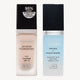 Two bottles of Designer Brands cosmetics: Longwear 24 Hour Foundation and Skin Quencher Primer, featuring sleek packaging and skincare benefits.